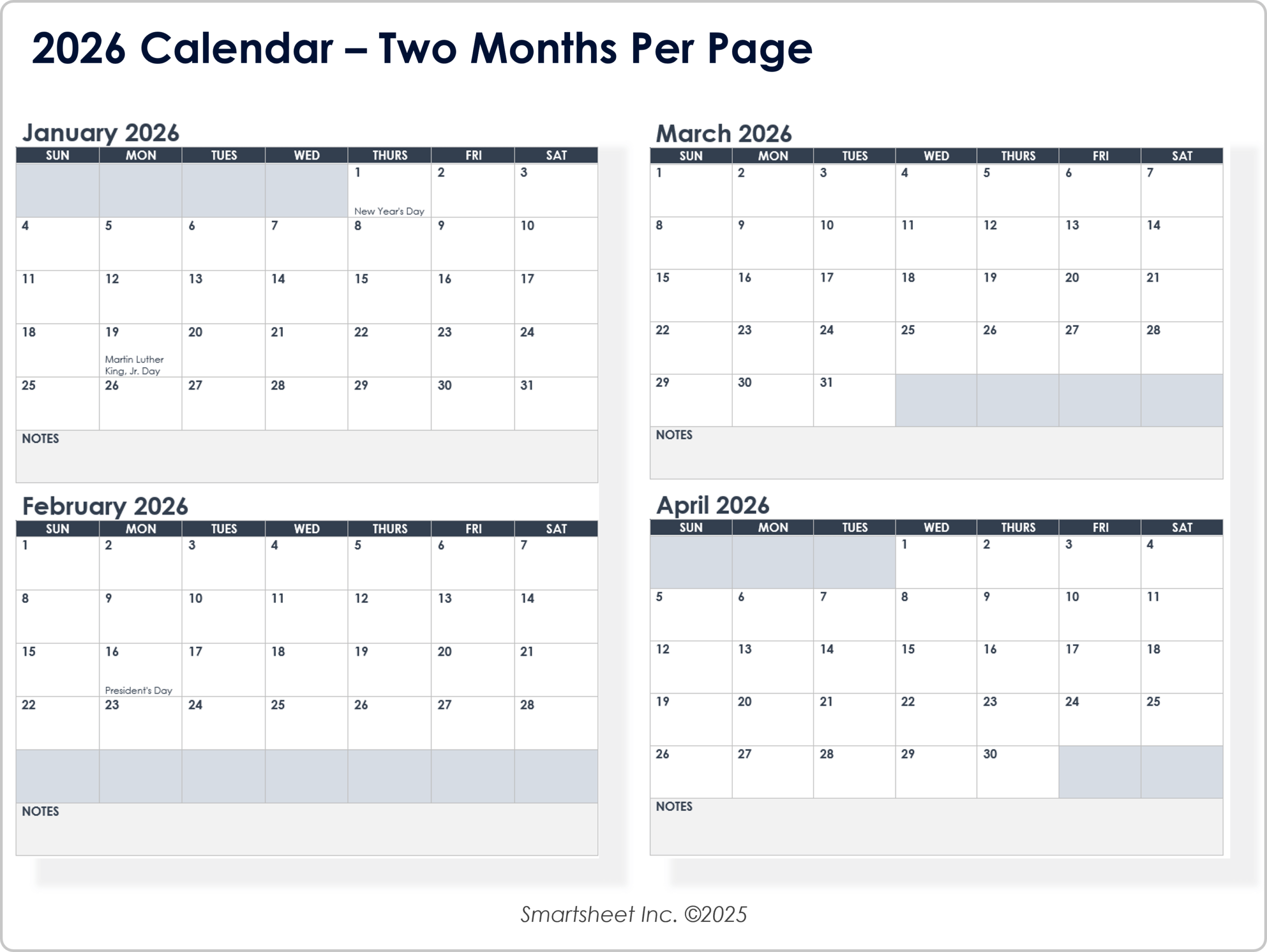 Free Blank Calendar Templates - Smartsheet inside 2026 Calendar Printable 2 Months Per Page