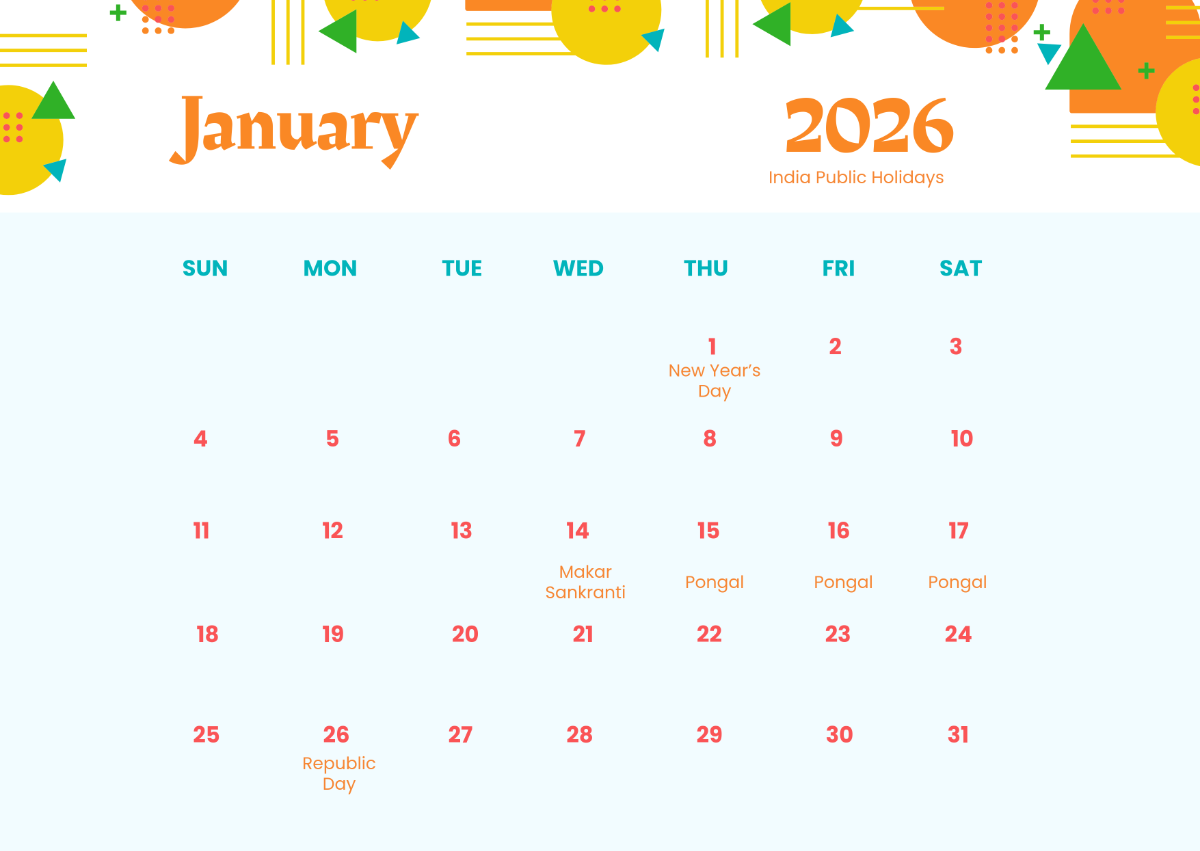 Free Creative January 2026 India Calendar Template To Edit Online with January 2026 Calendar With Indian Holidays Printable