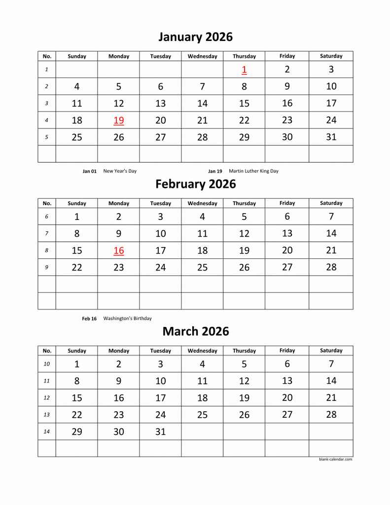 Free Download Printable Calendar 2026, 3 Months Per Page, 4 Pages intended for 3 Month Printable Calendar 2025 - 2026