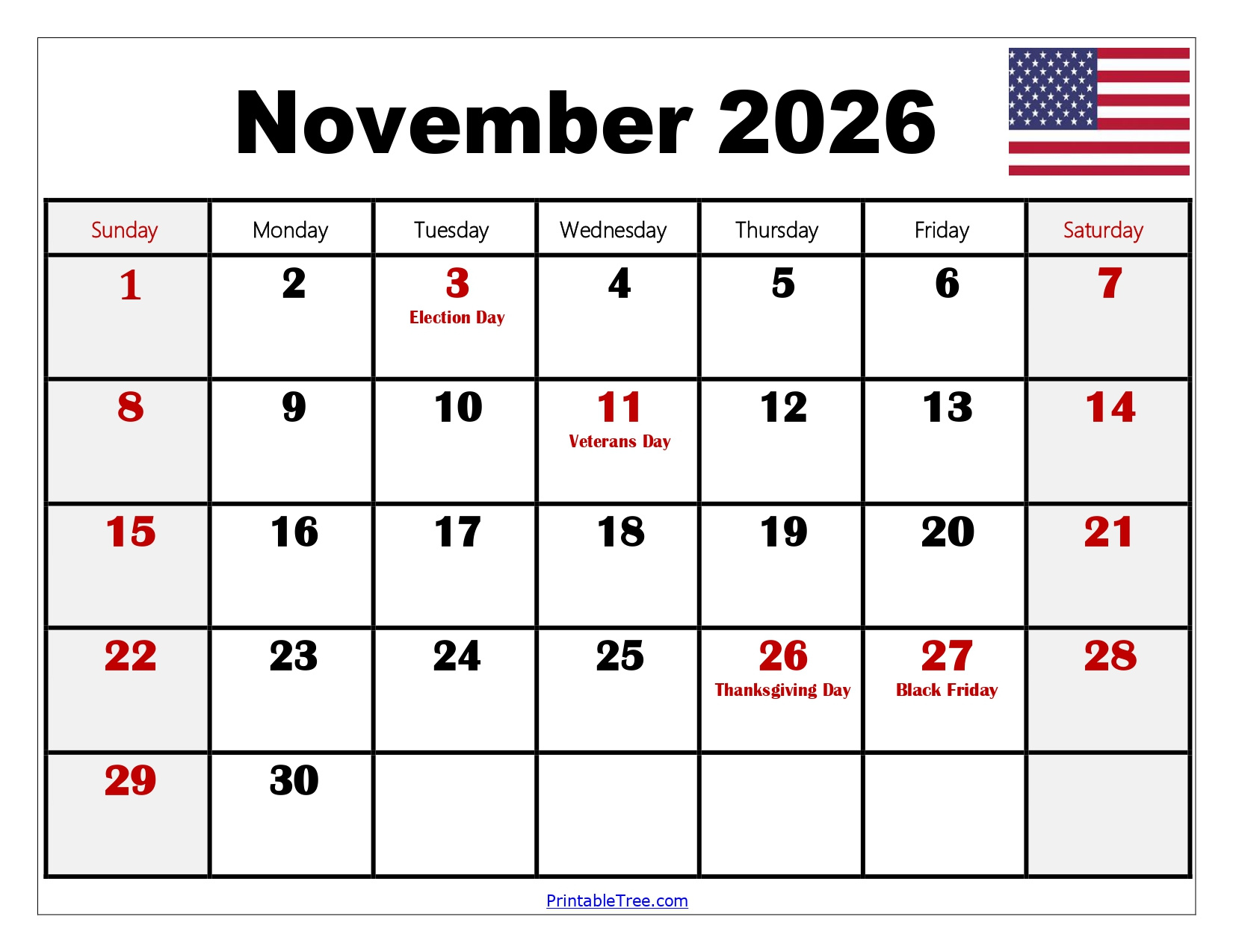 Free November 2026 Calendar Printable Pdf With Holidays Templates with Nov 2026 Calendar Printable Free