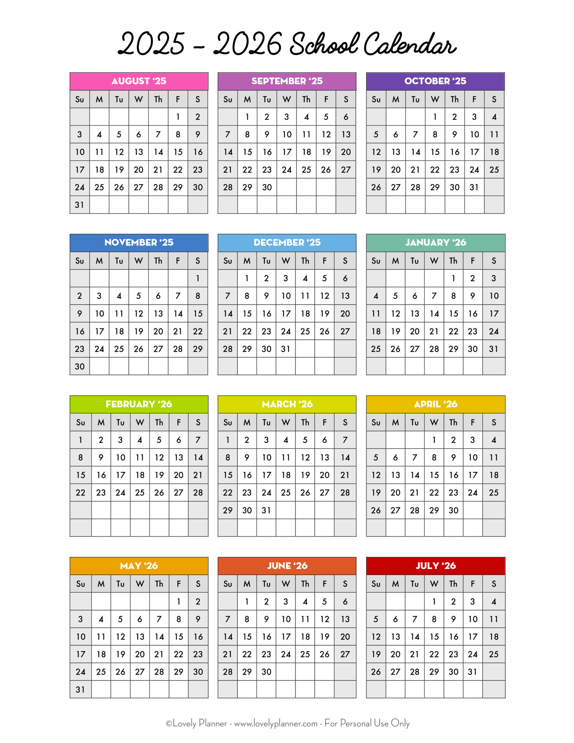 Free Printable 2025-2026 School Calendar - One Page Academic in 2025 2026 School Year Calendar Printable Free