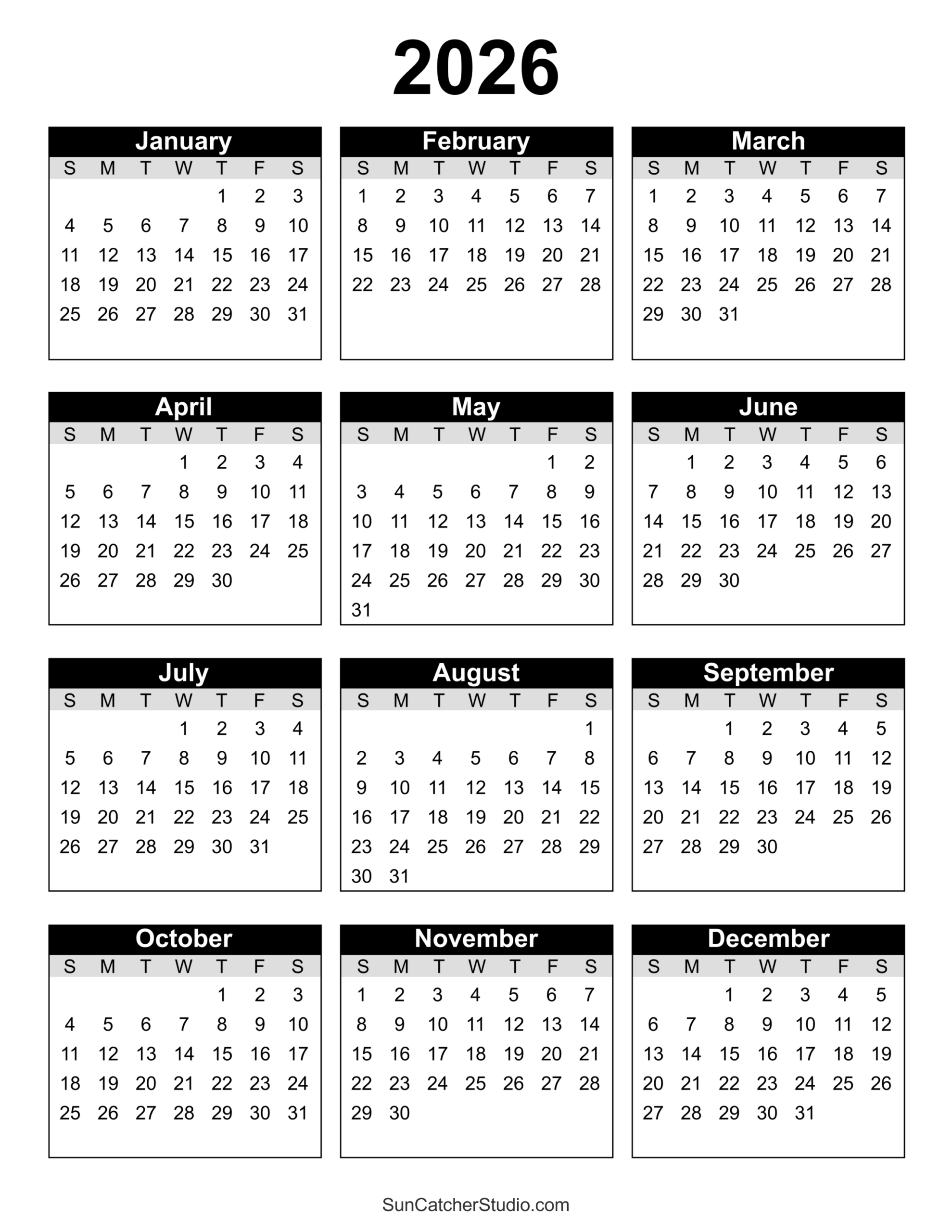 Free Printable 2026 Yearly Calendar – Free Printables, Lettering in 2026 Calendar Printable Portrait