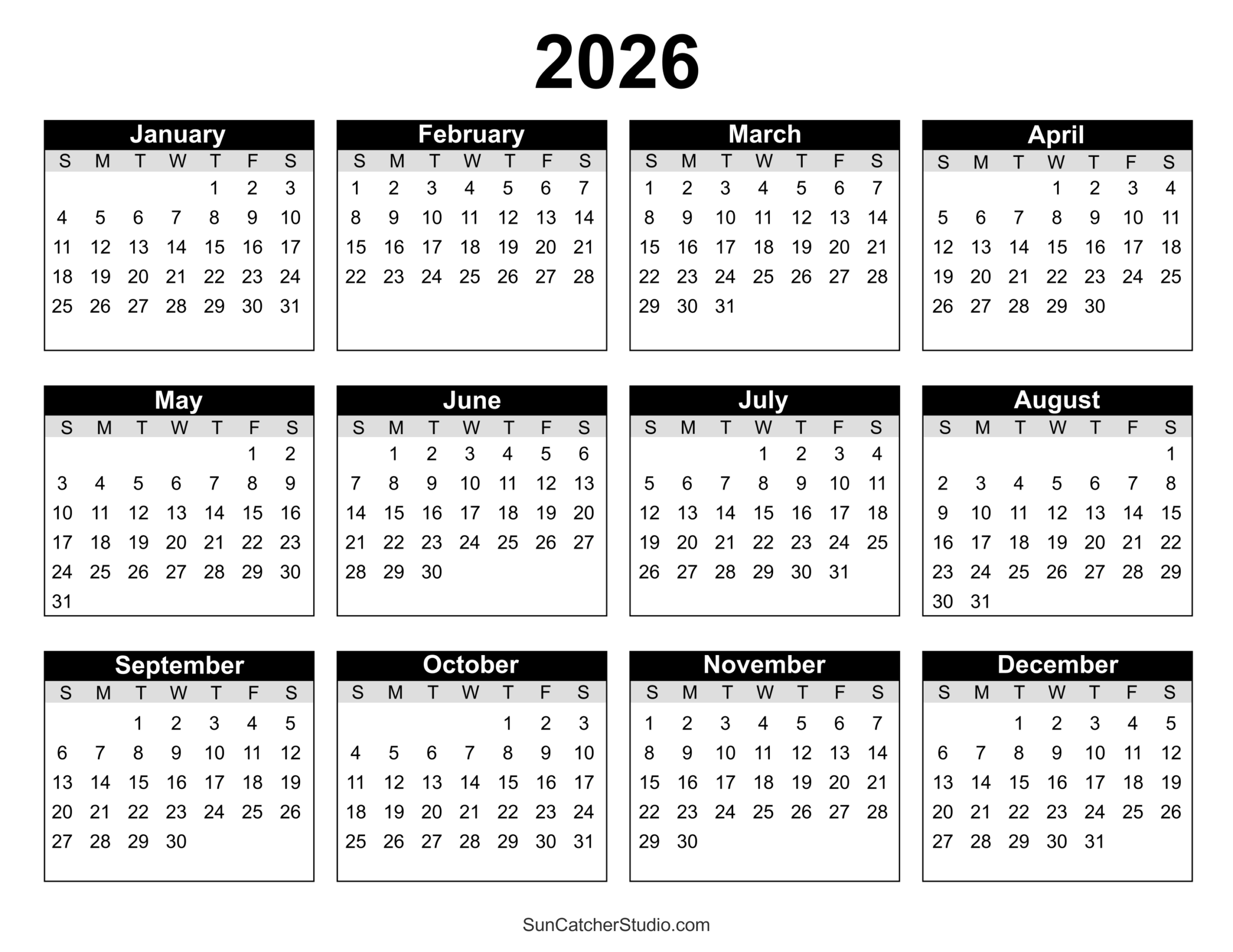 Free Printable 2026 Yearly Calendar – Free Printables, Lettering regarding Mini Calendar 2026 Printable