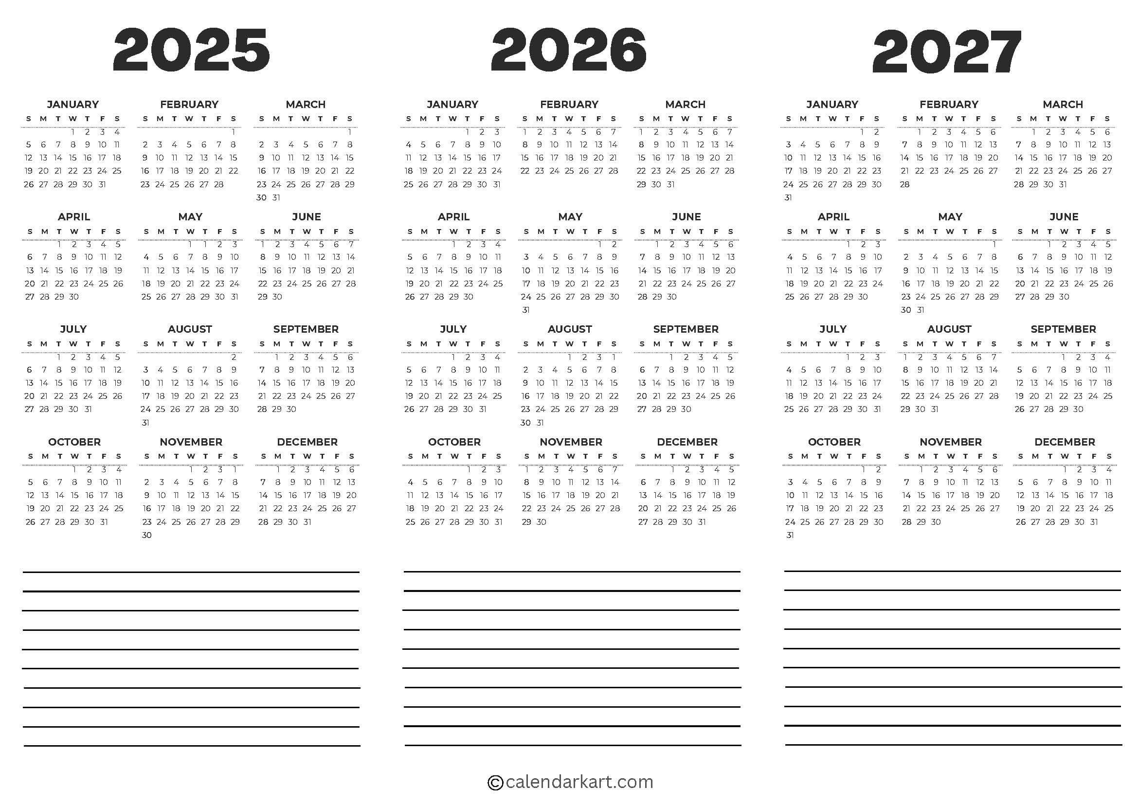 Free Printable Year At A Glance Calendar 2025 - Calendarkart throughout Printable 3 Year Calendar 2025 2026 2027