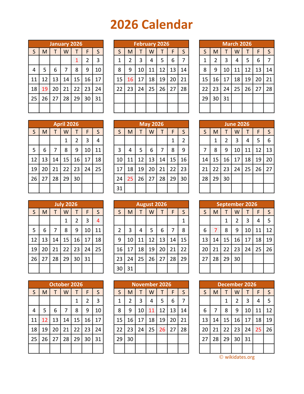 Full Year 2026 Calendar On One Page | Wikidates regarding 2026 Calendar Printable Wiki