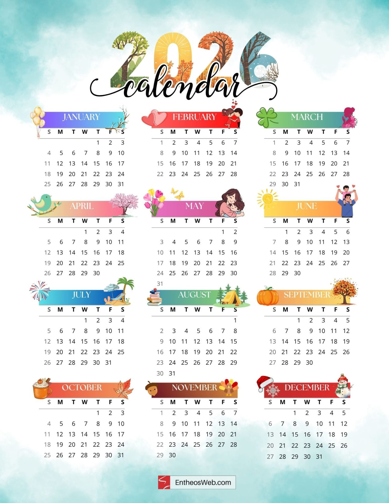Full Year Printable 2026 Calendar – Free One Page Calendars throughout Calendar 2026 Printable Free One Page