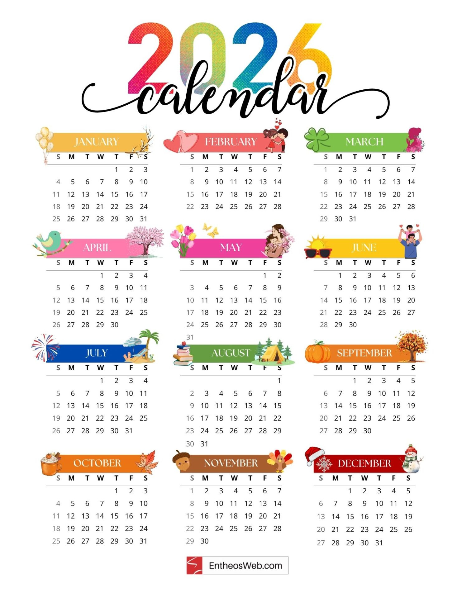 Full Year Printable 2026 Calendar – Free One Page Calendars with regard to 2026 Calendar Printable Free One Page