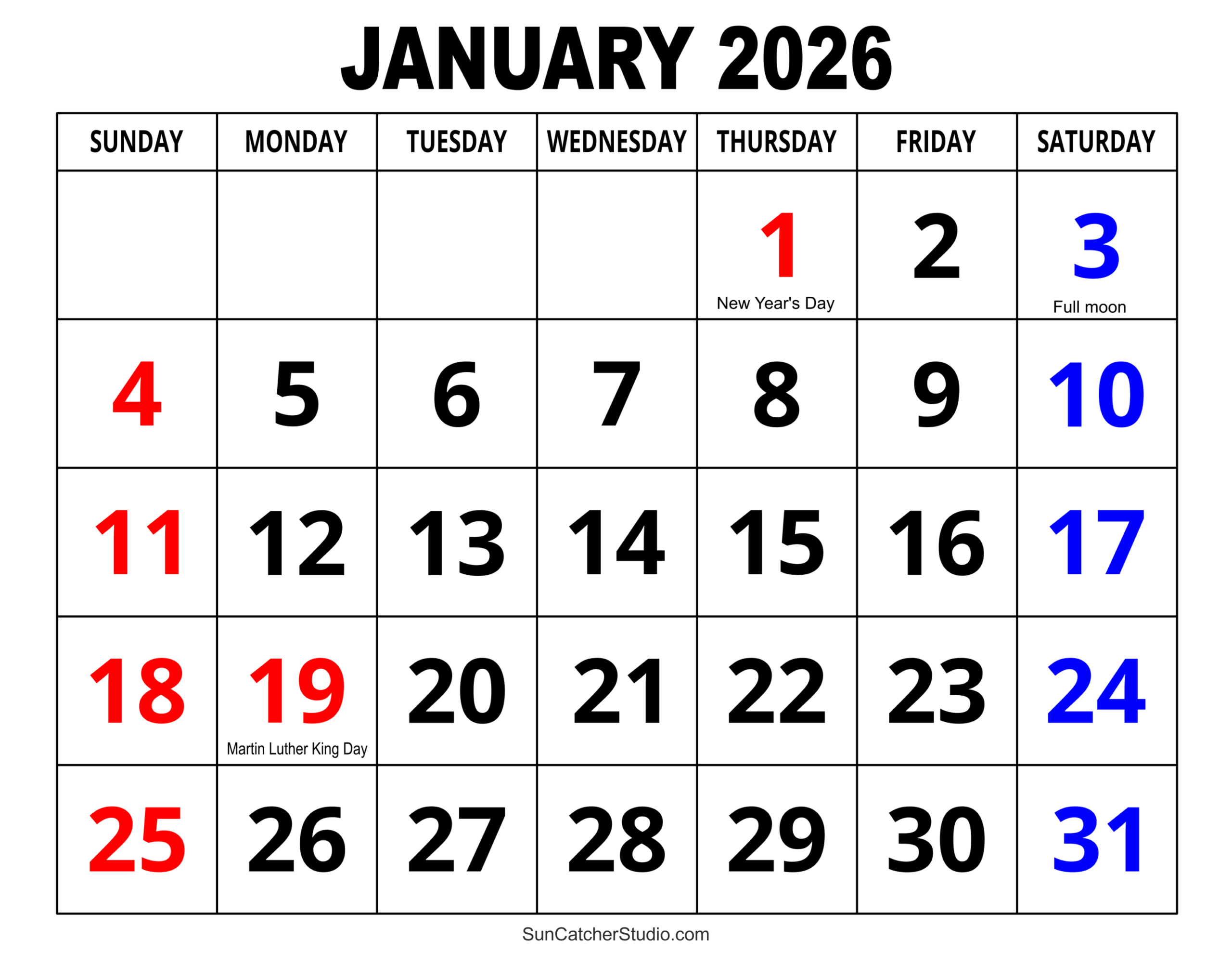 January 2026 Calendar (Free Printable) – Free Printables with Calendar For January 2026