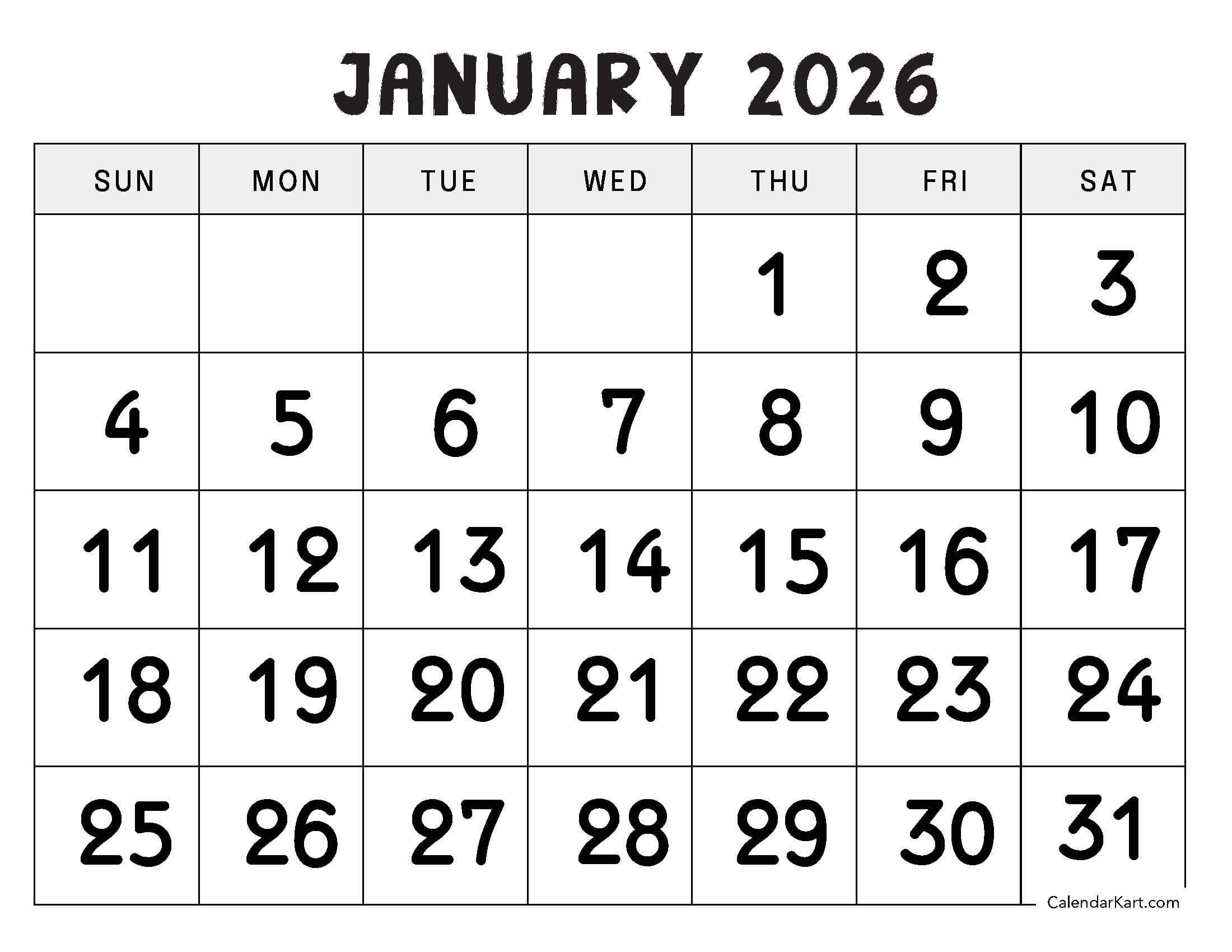 January 2026 Calendar | Free Printable Pdf - Calendarkart pertaining to Free Printable January 2026 Calendar Numbers