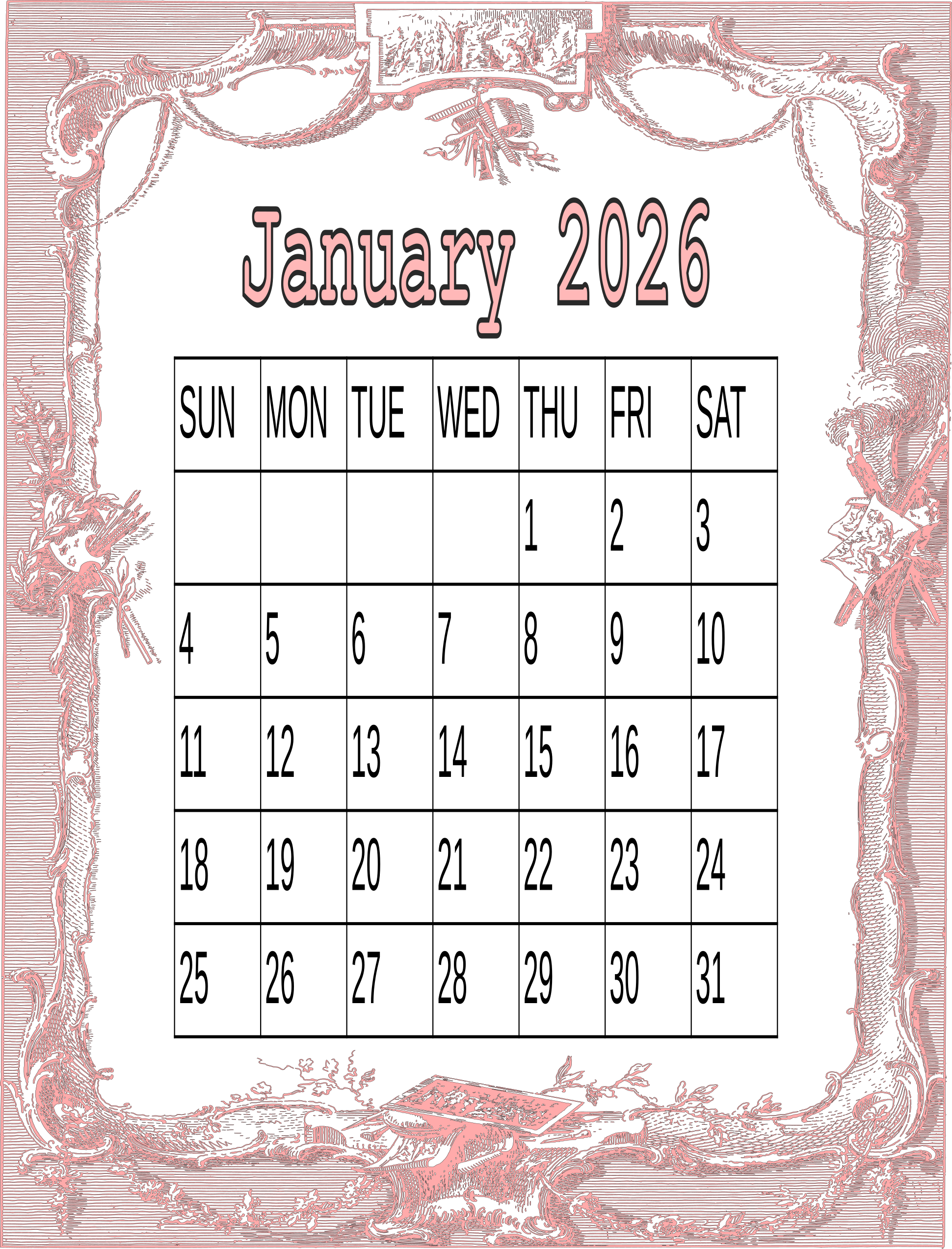 January 2026 Calendar – My Calendar Land throughout January 2026 Calendar Printable Pink