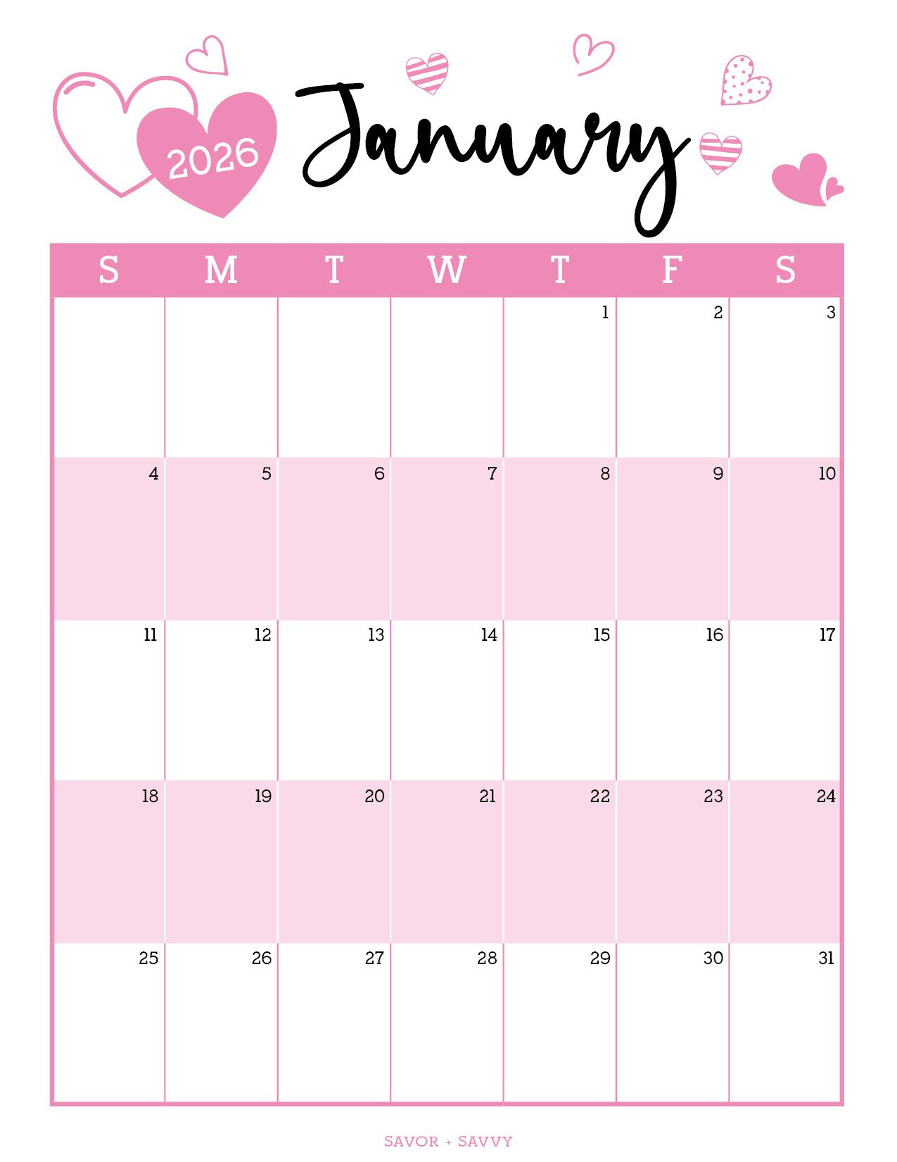 January 2026 Calendar Templates - 14 Free Printables - Savor + Savvy with January 2026 Calendar Printable Pink
