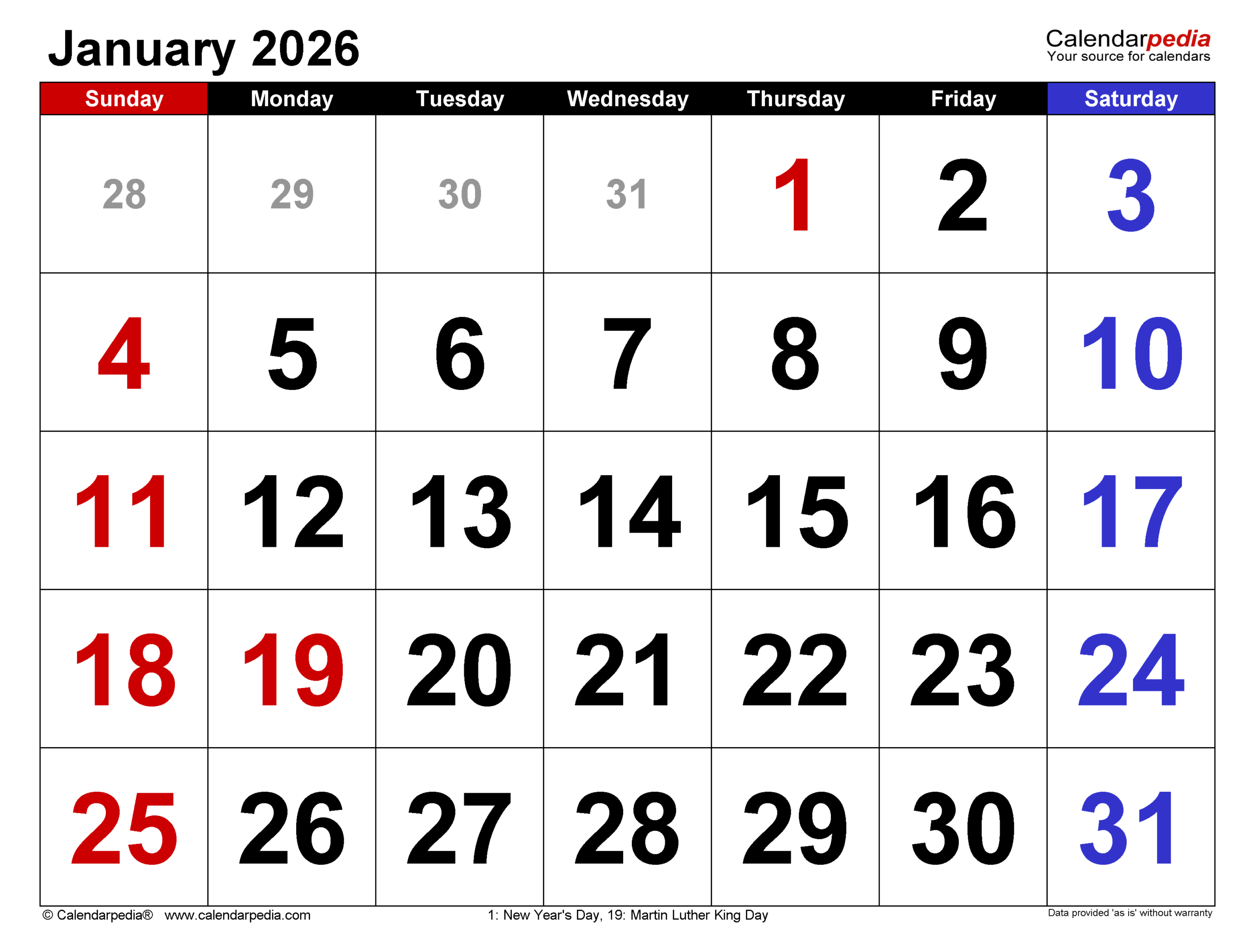 January 2026 Calendar | Templates For Pdf, Excel And Word intended for Calendar For January 2026 United States