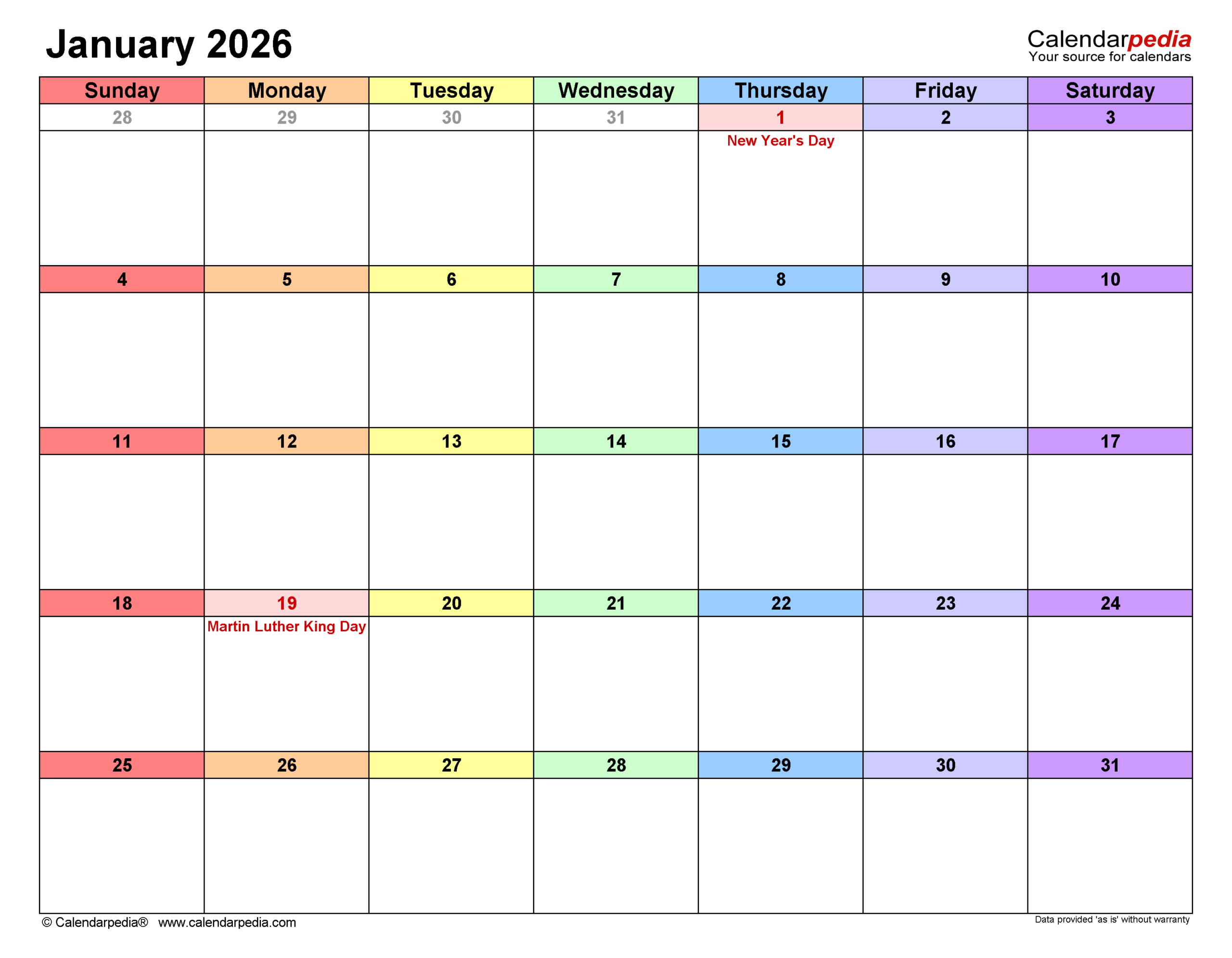 January 2026 Calendar | Templates For Pdf, Excel And Word throughout Attendance Sheet January 2026