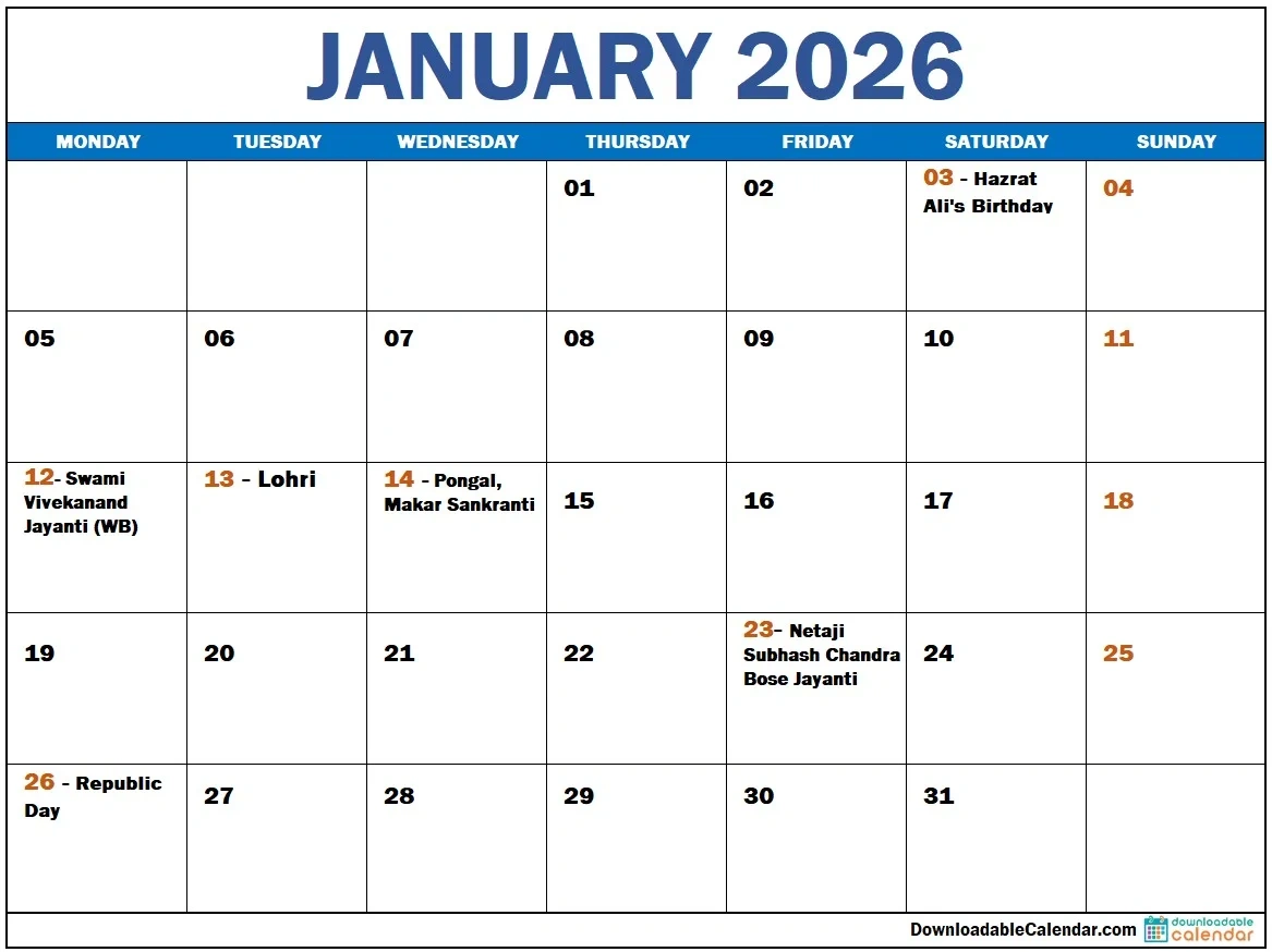 January 2026 Calendar: Transform Your Plans Into Success throughout January 2026 Calendar with Indian Holidays Printable