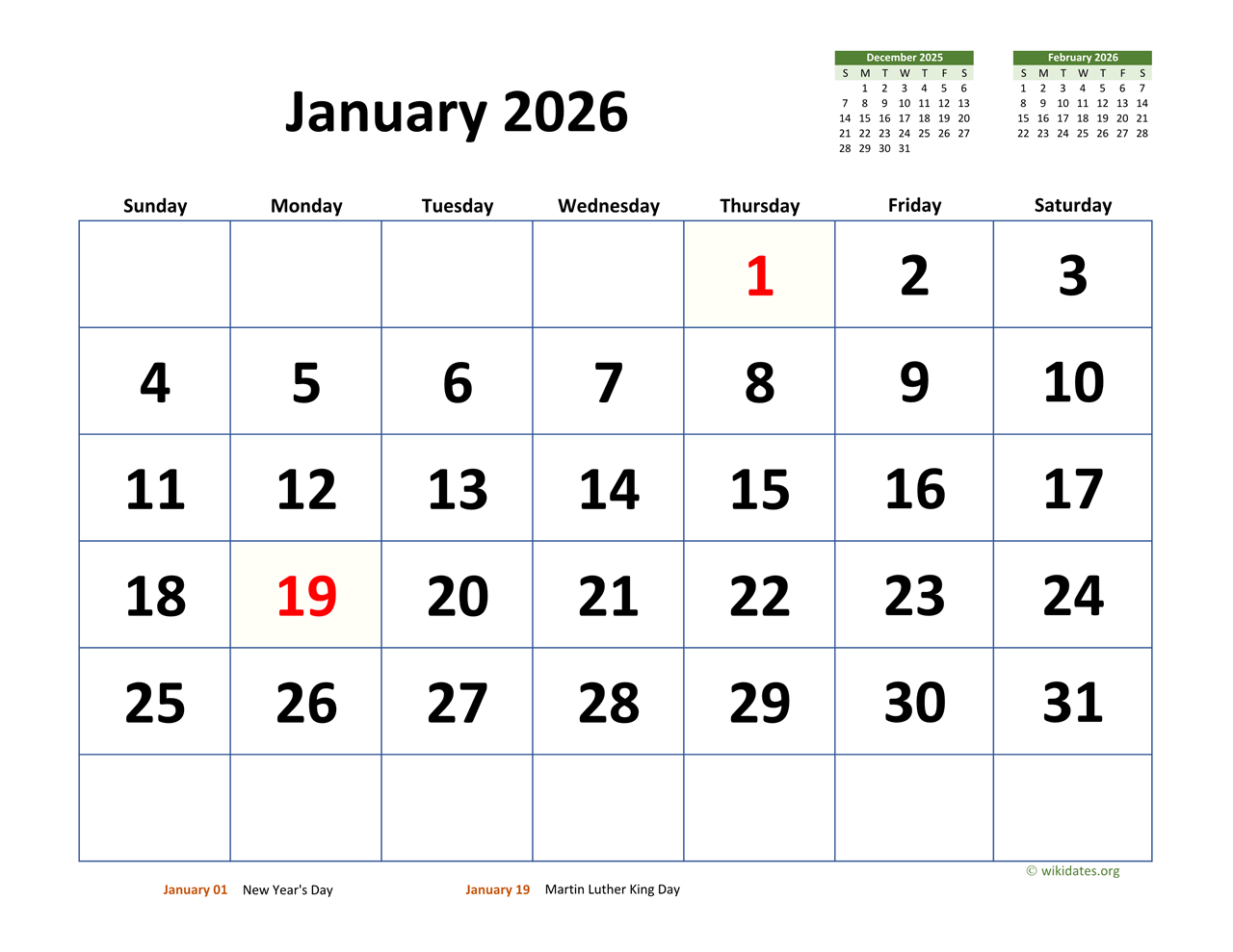 January 2026 Calendar With Extra-Large Dates | Wikidates in January 2026 Calendar Wiki Printable