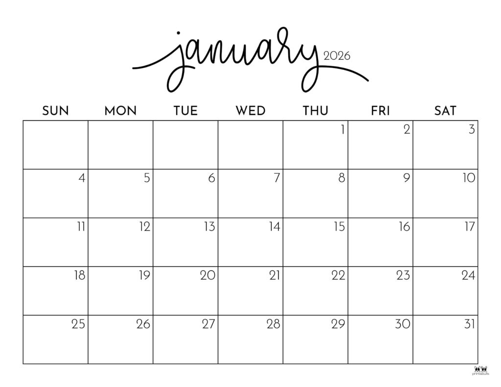 January 2026 Calendars - 123 Free Printables | Printabulls for January 2026 Calendar Printable Coloring Pages