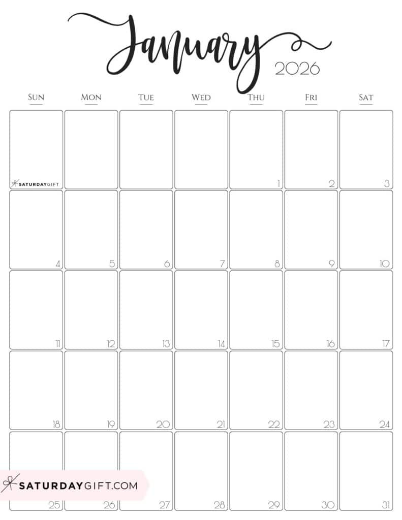 January 2026 Calendars - 23 Cute Free Printable Pdfssaturdaygift with January 2026 Calendar Printable Portrait