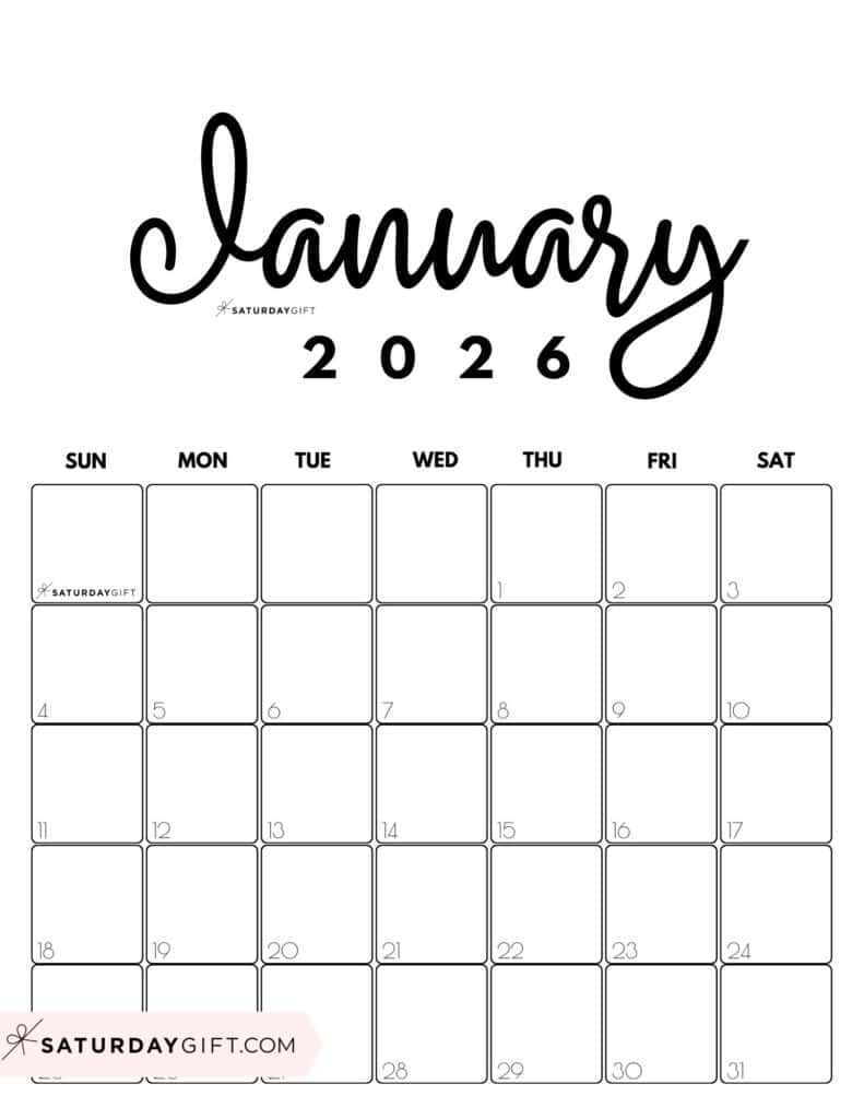 January 2026 Calendars - 23 Cute Free Printable Pdfssaturdaygift with January 2026 Calendar Vertical Printable