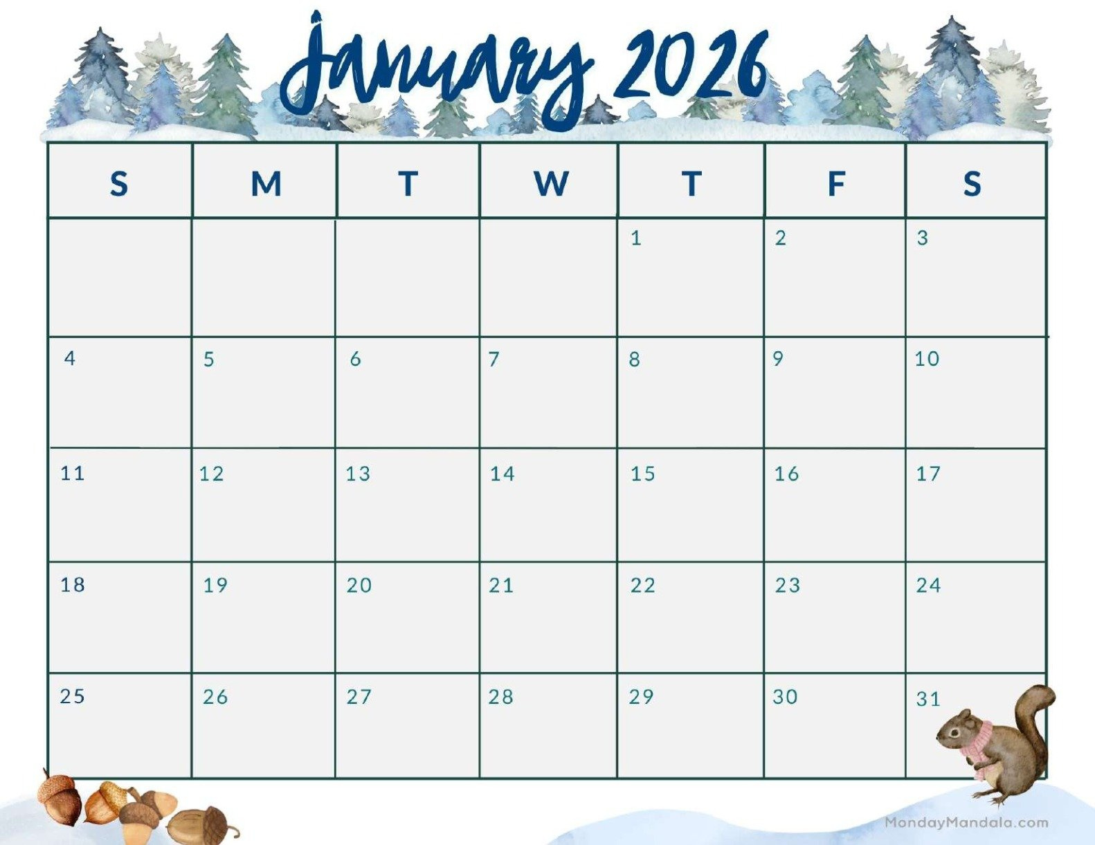 January 2026 Calendars (Free Pdf Printables) throughout Cute January 2026 Calendar Printable