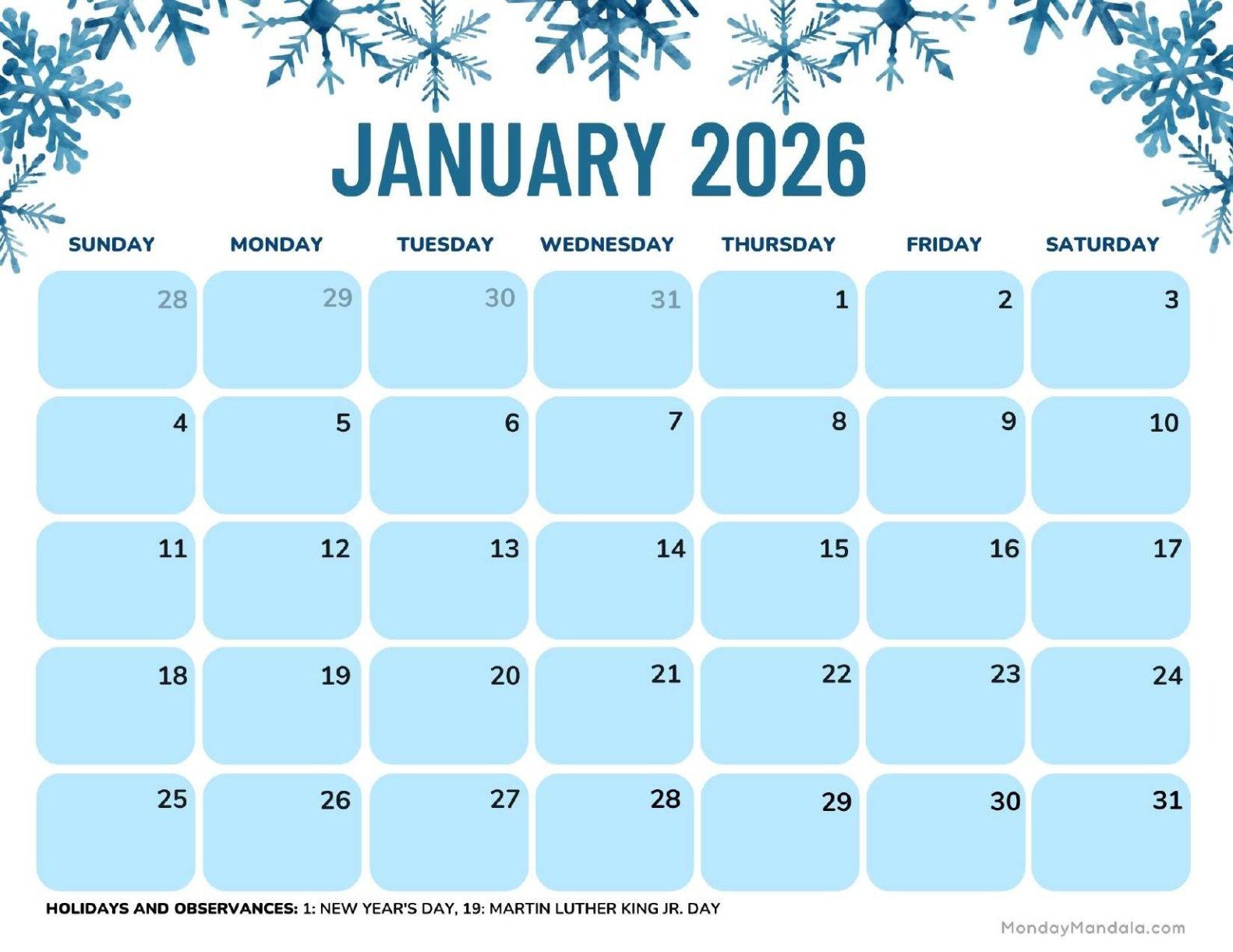 January 2026 Calendars (Free Pdf Printables) with January 2026 Calendar Printable with Holidays