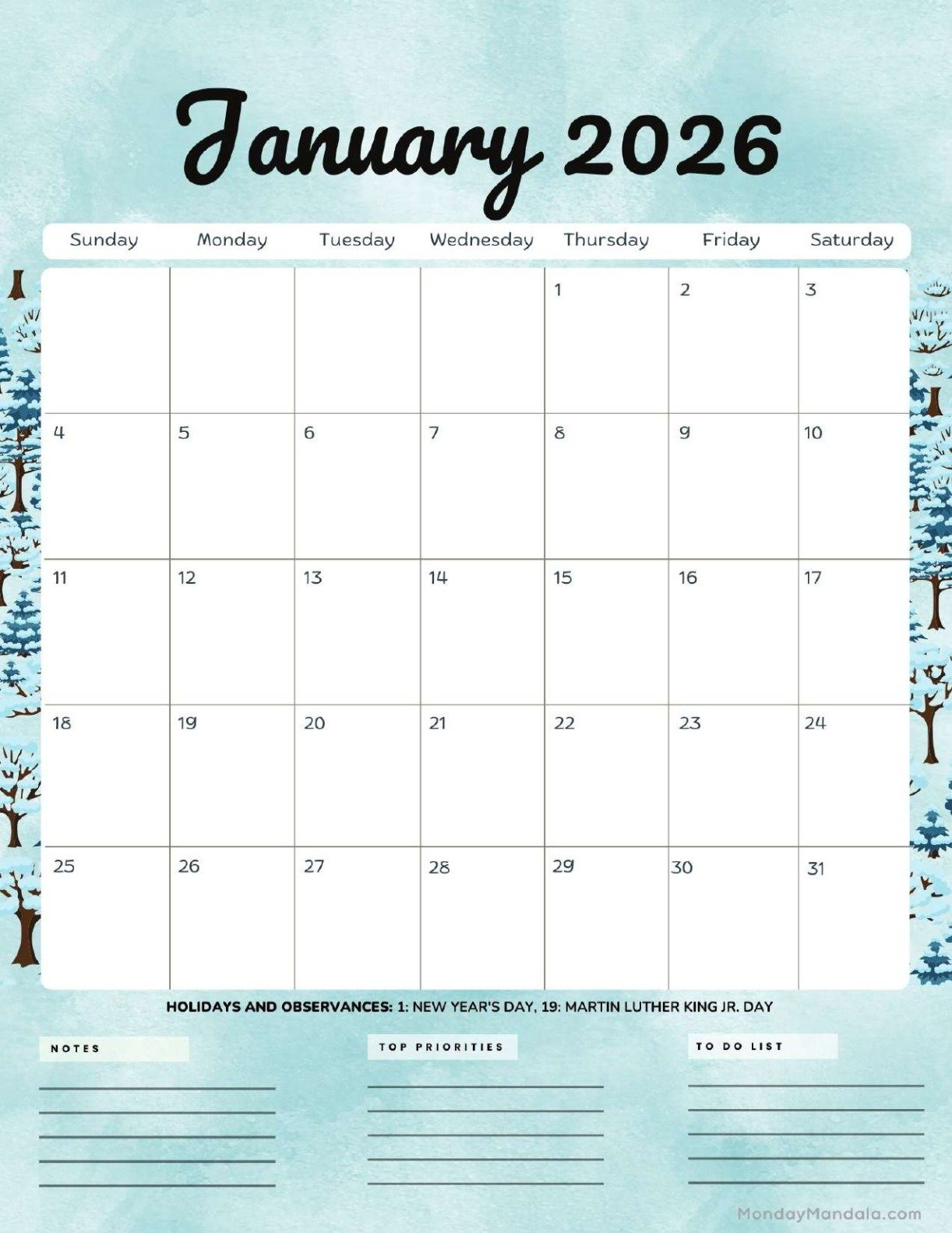 January 2026 Calendars (Free Pdf Printables) with regard to January 2026 Calendar Printable Portrait