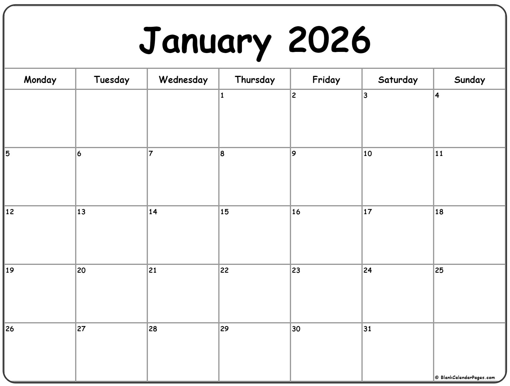 January 2026 Monday Calendar | Monday To Sunday throughout Calendar 2026 Printable Monday Start