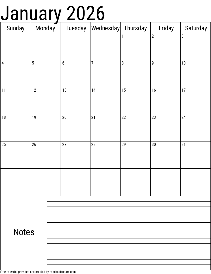 January 2026 Vertical Calendar With Notes - Handy Calendars throughout 2026 Calendar Printable with Notes