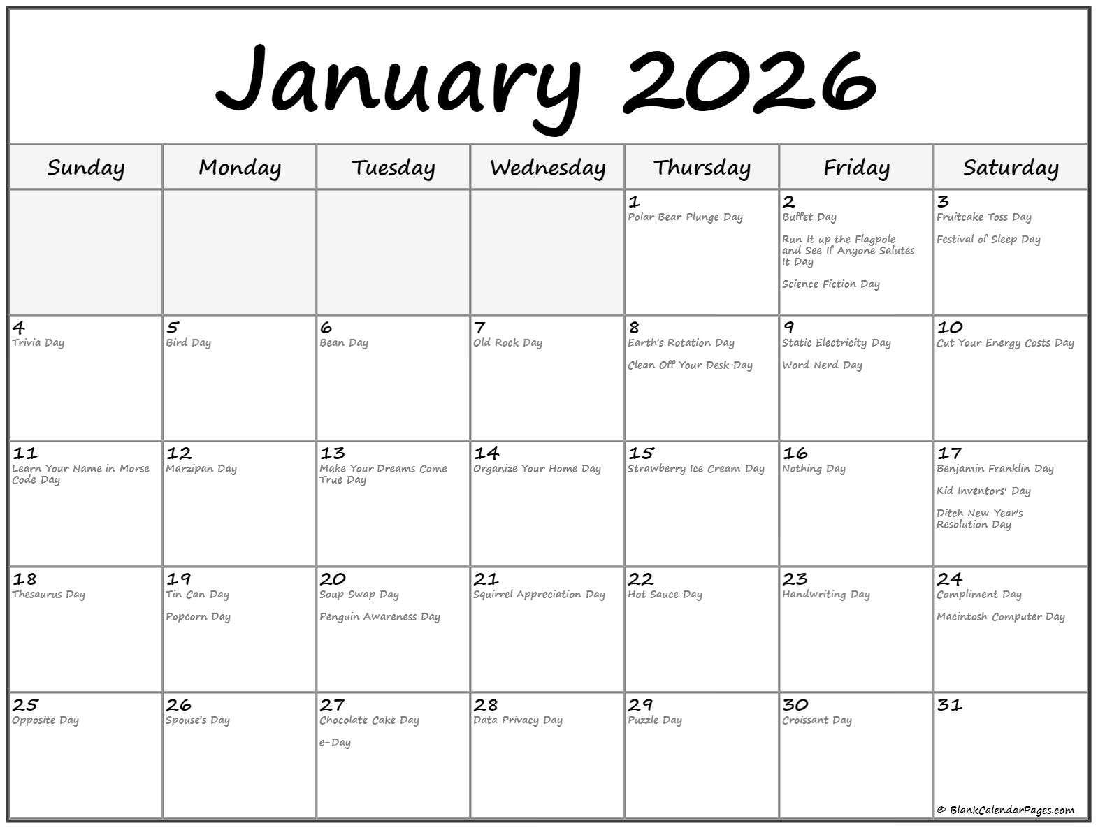 January 2026 With Holidays Calendar regarding National Day January 2026