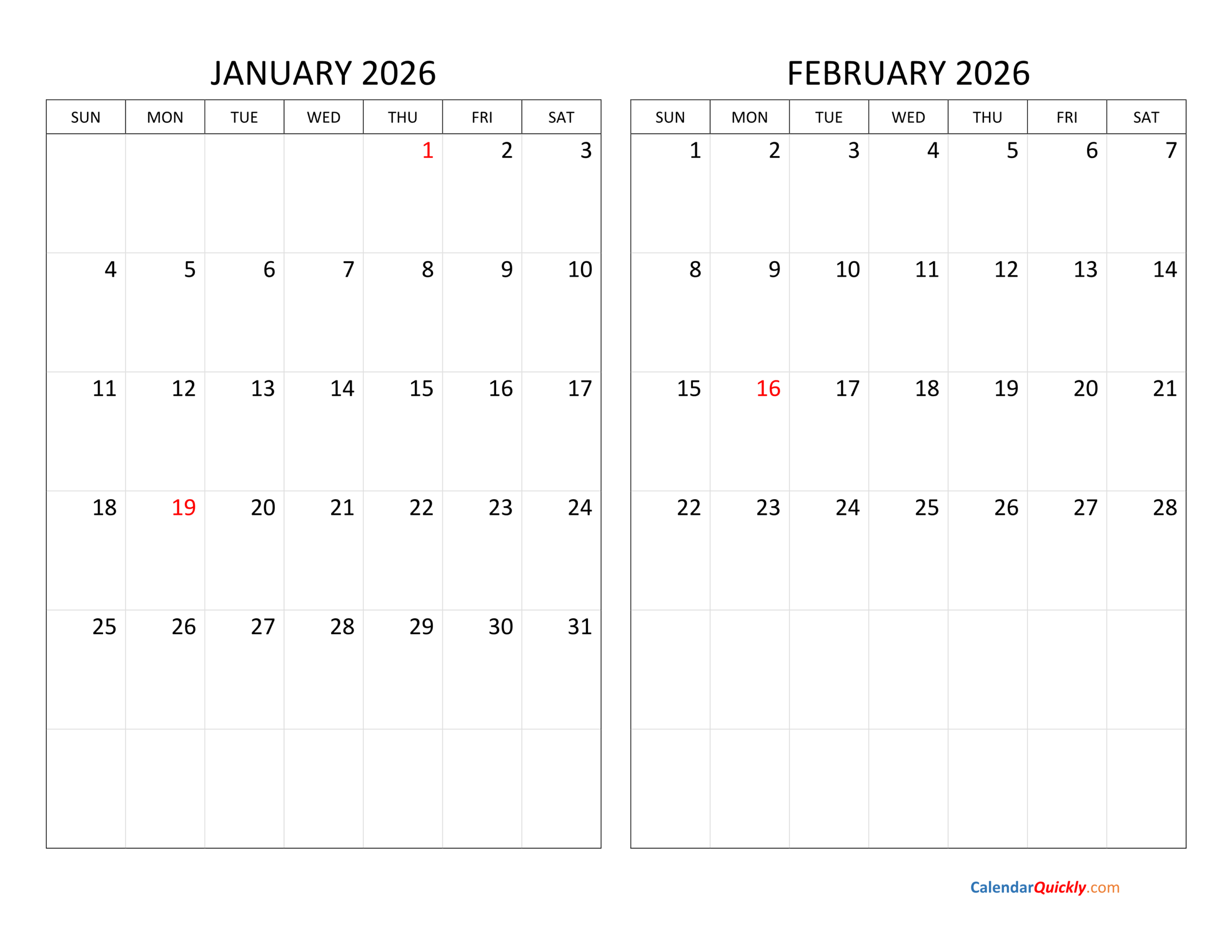 January And February 2026 Calendar | Calendar Quickly pertaining to January and February 2026 Calendar Printable Free