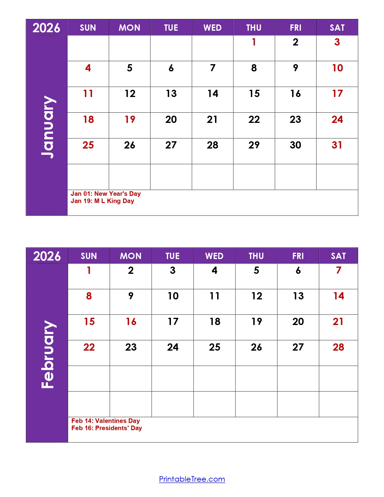 January And February 2026 Calendar Printable Pdf | 2 Month inside Printable Calendar January February 2026