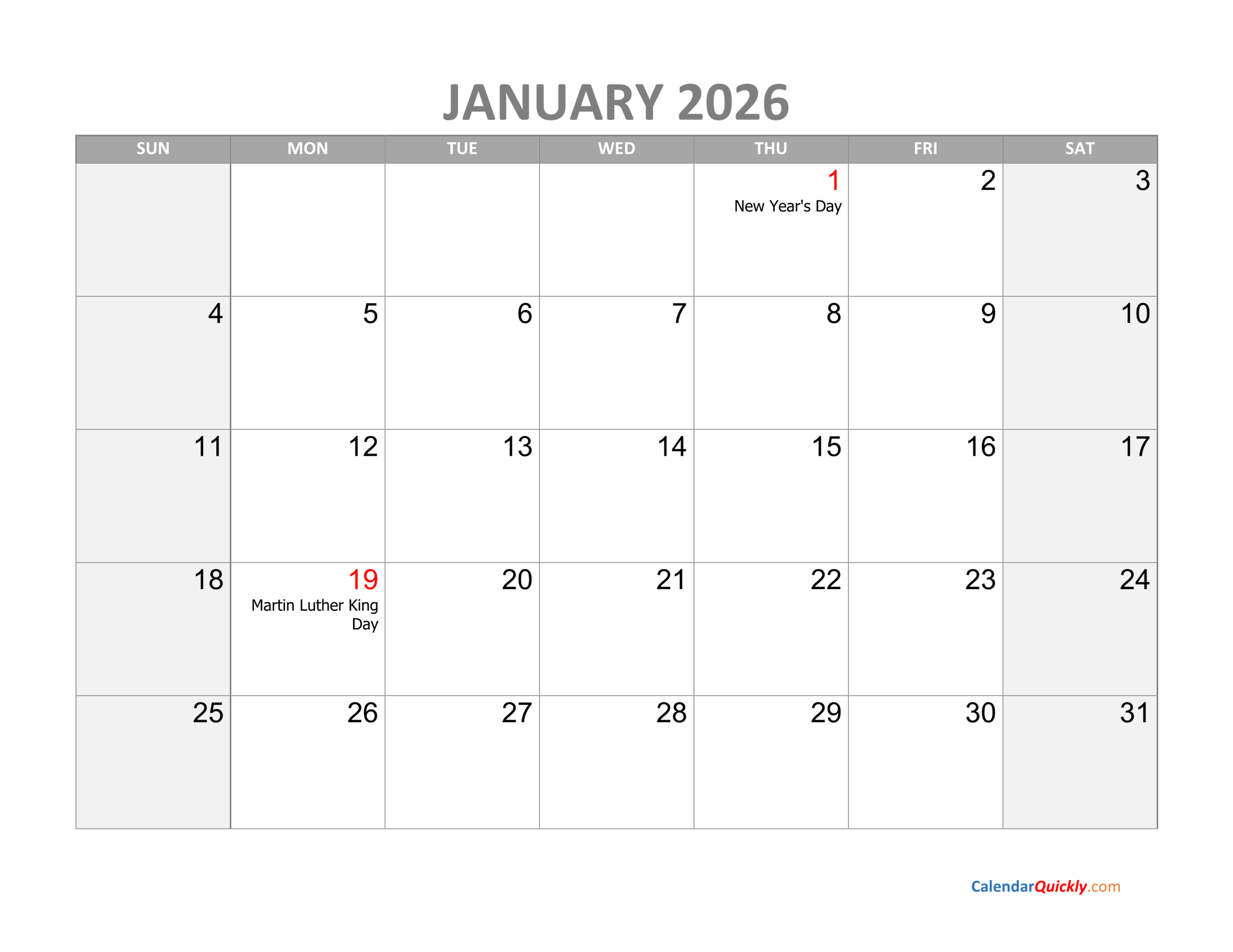 January Calendar 2026 With Holidays | Calendar Quickly with Calendar For January 2026 With Holidays
