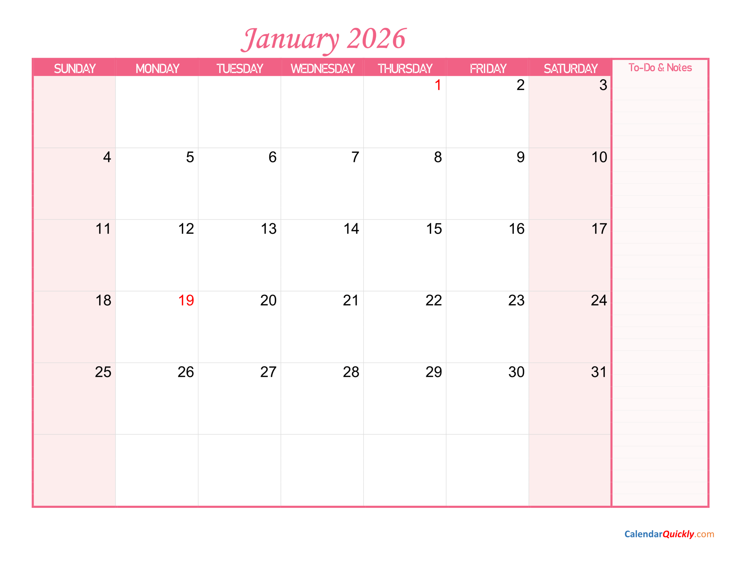January Calendar 2026 With Notes | Calendar Quickly throughout January 2026 Calendar Printable Pink