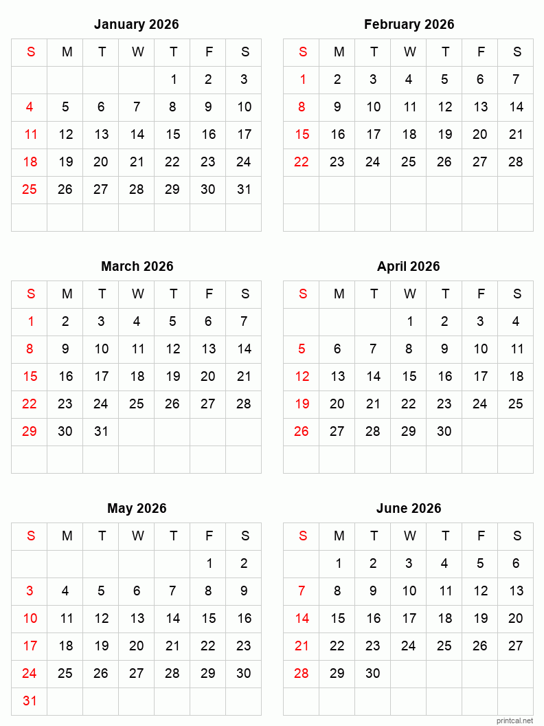 January To June 2026 Printable Calendar | Six Months Per Page within January to June 2026 Calendar Printable