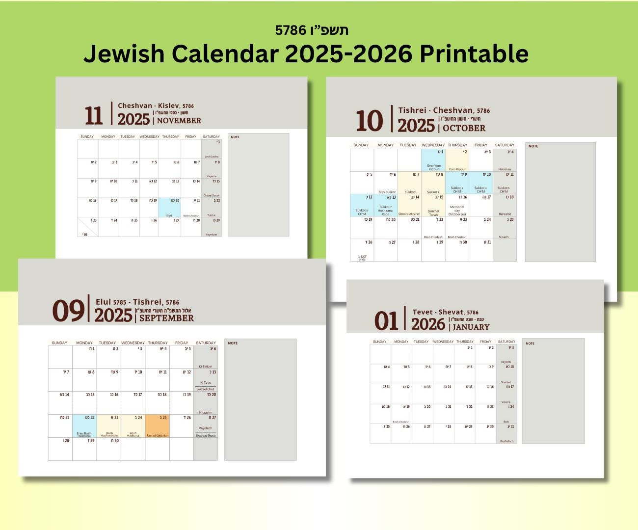 Jewish Calendar 2025-2026 Printable, Editable Canva Template intended for Hebrew Calendar 2026 Printable