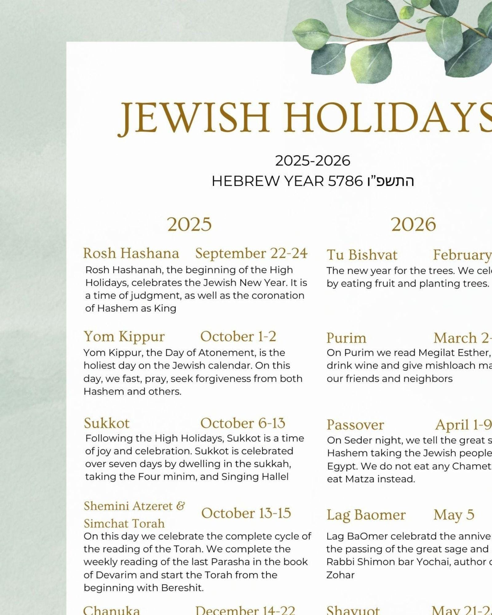 Jewish Holiday Calendar 2025-2026 Rosh Hashanah Gifts Judaica intended for Jewish Holiday Calendar 2026 Printable