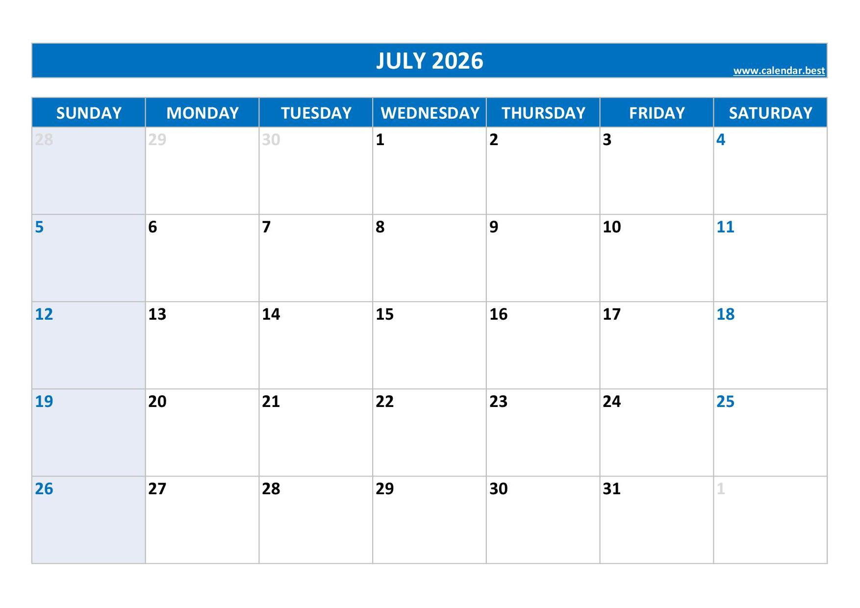 July 2026 Calendar -Calendar.best with July 2026 Calendar Printable