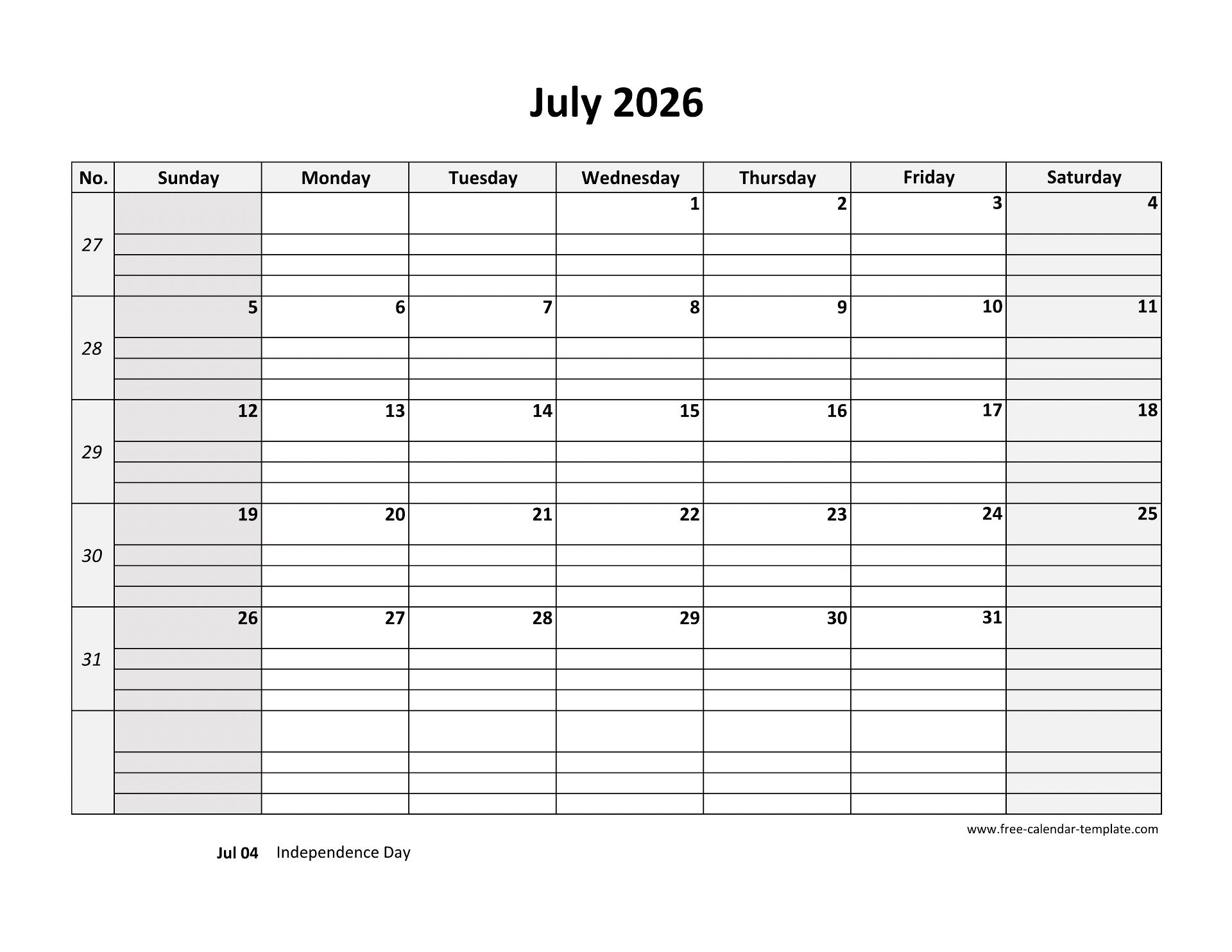 July 2026 Calendar Free Printable With Grid Lines Designed for Printable 2026 Calendar with Lines