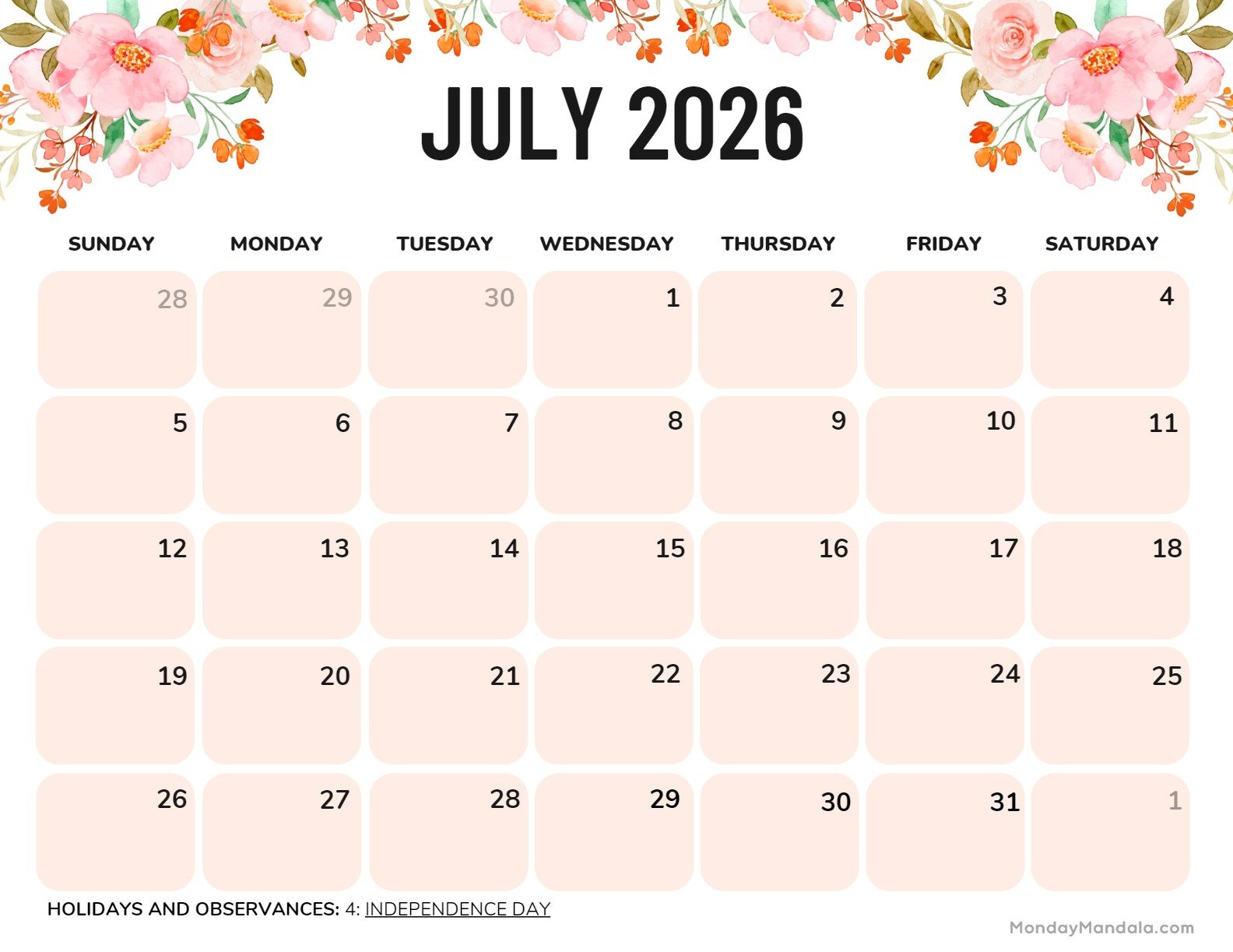 July 2026 Calendars (52 Free Pdf Printables) for July 2026 Calendar Printable