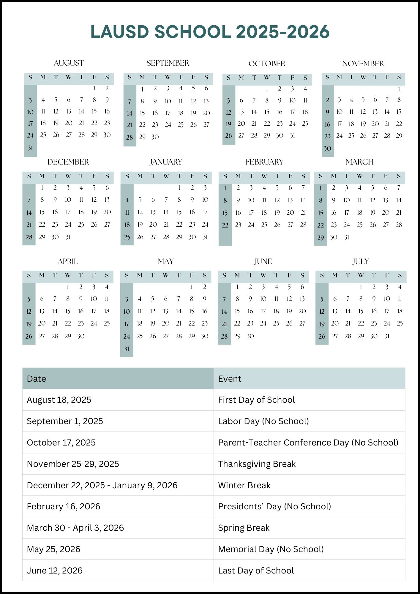 Lausd School Calendar 2025-2026 (Dates) regarding Lausd 2025 To 2026 Calendar Printable Free