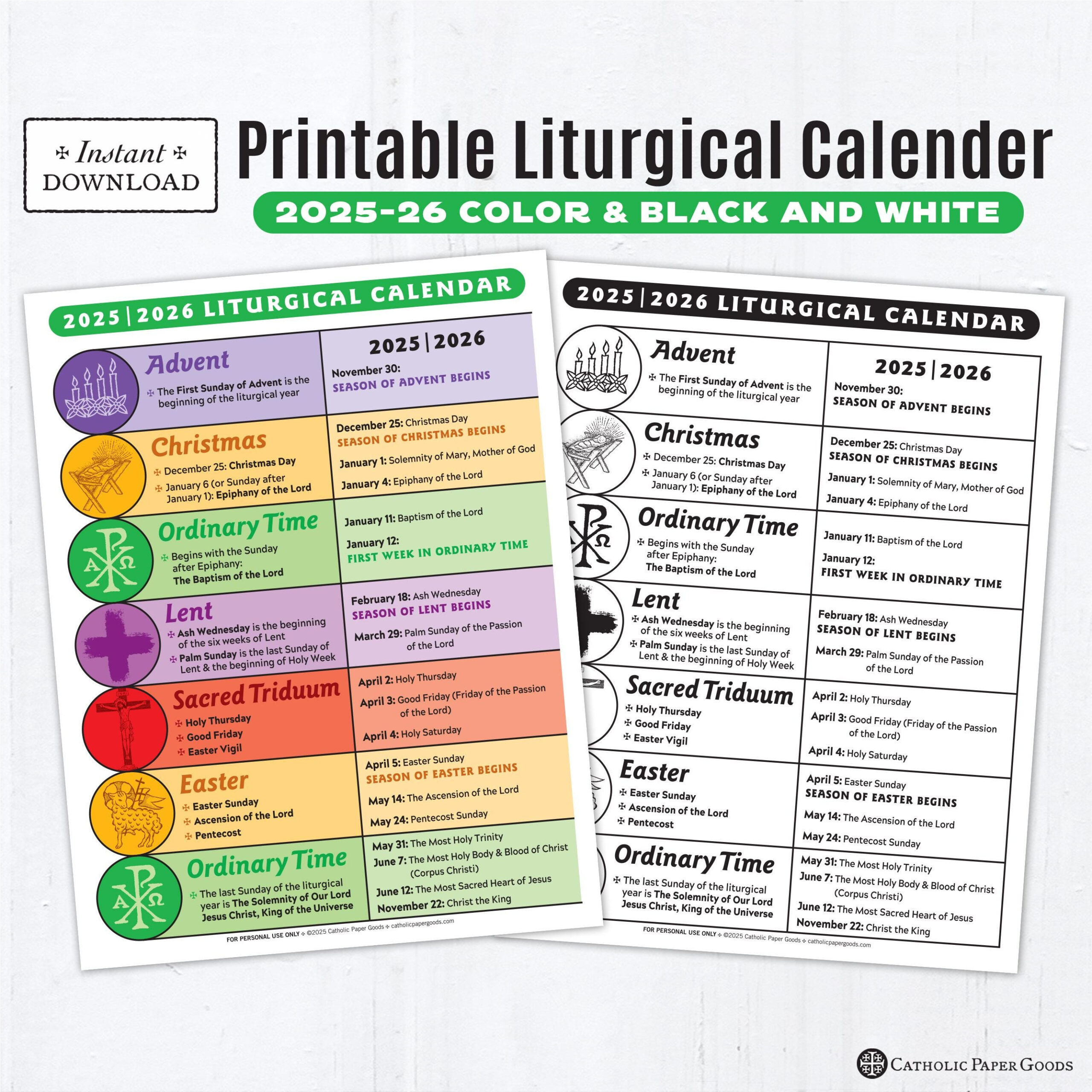 Liturgical Calendar Printable - Etsy regarding Catholic Liturgical Calendar 2026 - 2027
