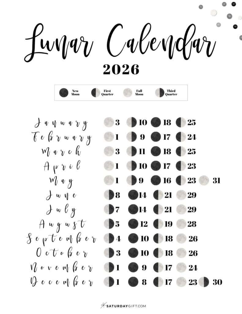 Lunar Calendar 2026 - 12 Moon Phase Calendar Printables in Moon Phase Calendar 2026 Usa
