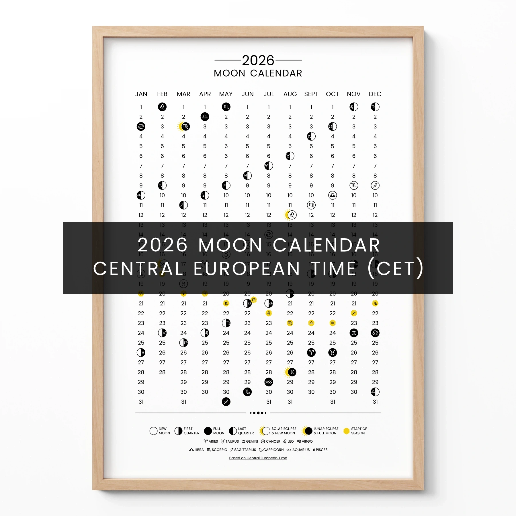 Lunar Calendar 2026 Poster – Moon Phases Wall Art (Cet) throughout Full Moon Calendar 2026 November