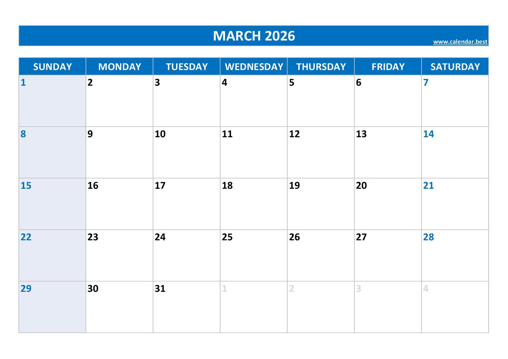 March 2026 Calendar -Calendar.best regarding March Calendar 2026 Printable