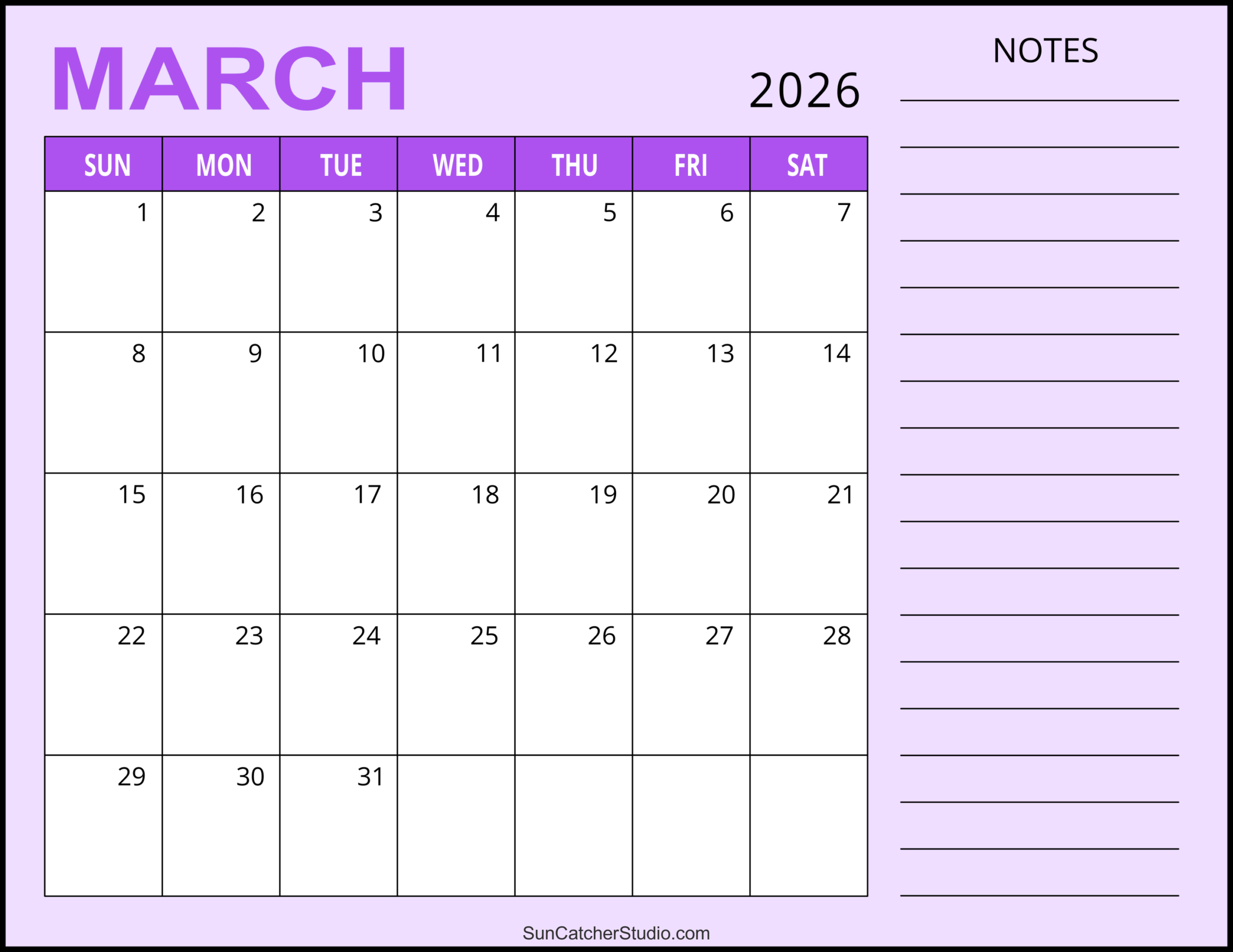 March 2026 Calendar (Free Printable) – Free Printables, Lettering inside Printable 2026 Calendar with Lines