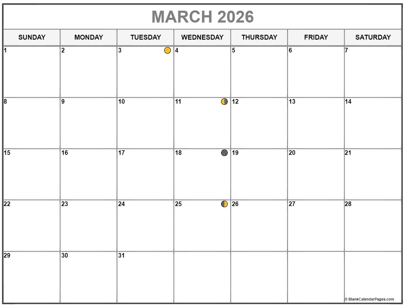 March 2026 Lunar Calendar | Moon Phase Calendar in March 2026 Moon Phase Calendar