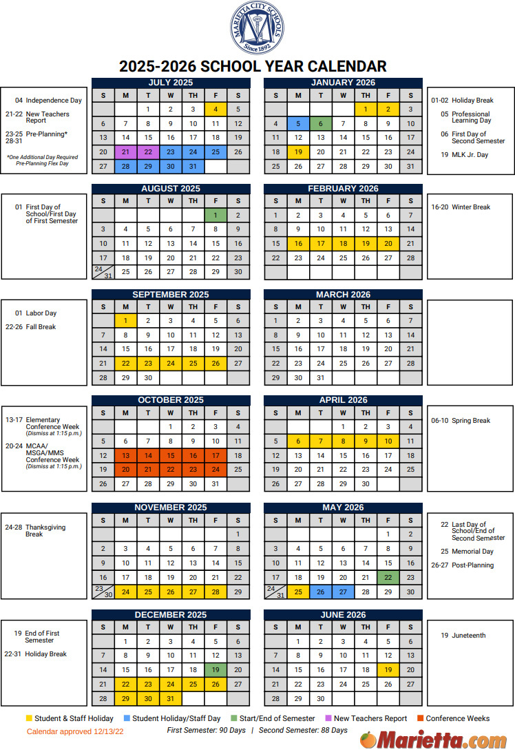 Marietta City School Calendar 2025-2026 | Marietta pertaining to Absence Calendar 2026 For Schools