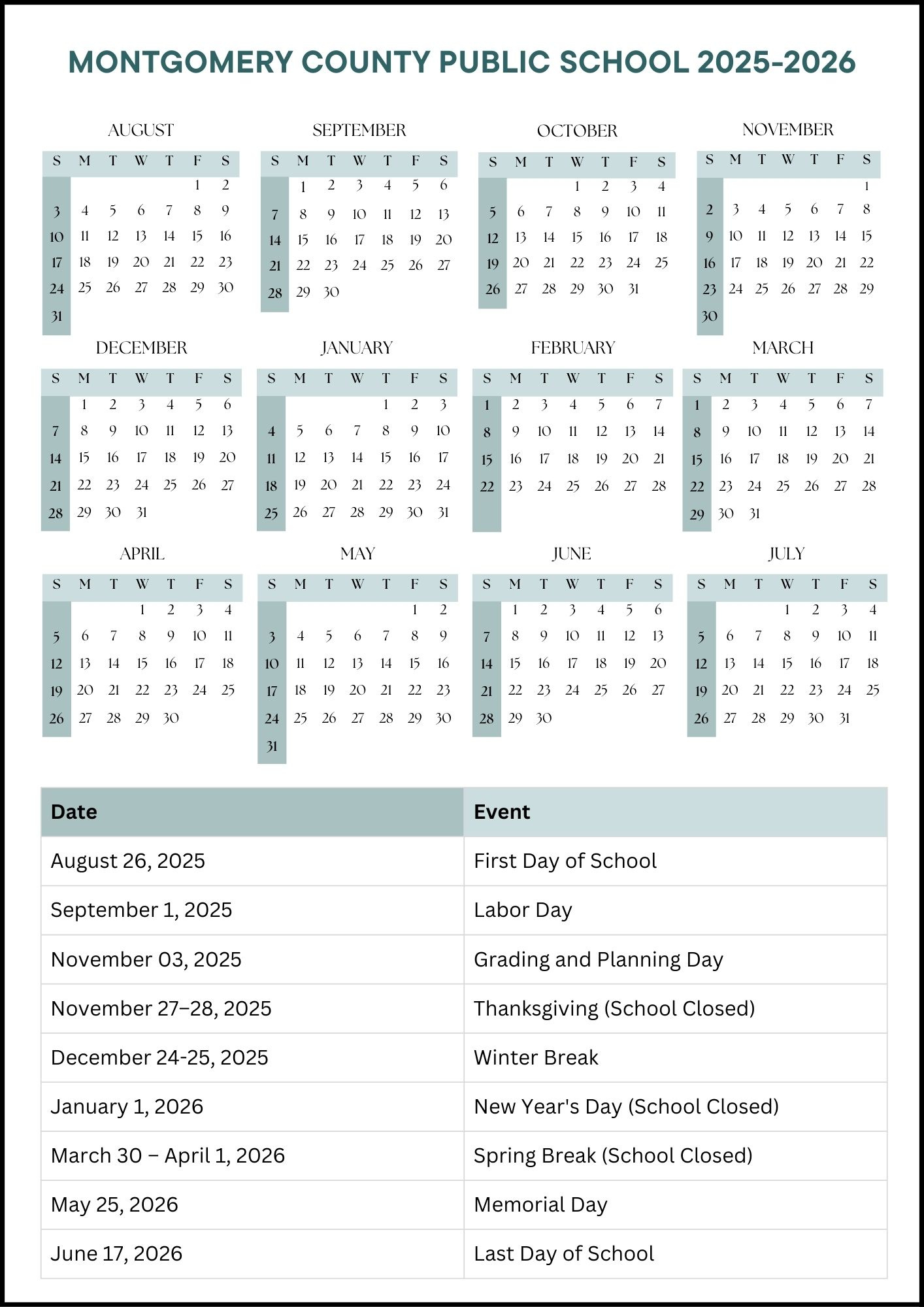 Montgomery County Public School Calendar 2025-2026 (Dates) for Mcps 2025 2026 Calendar Printable