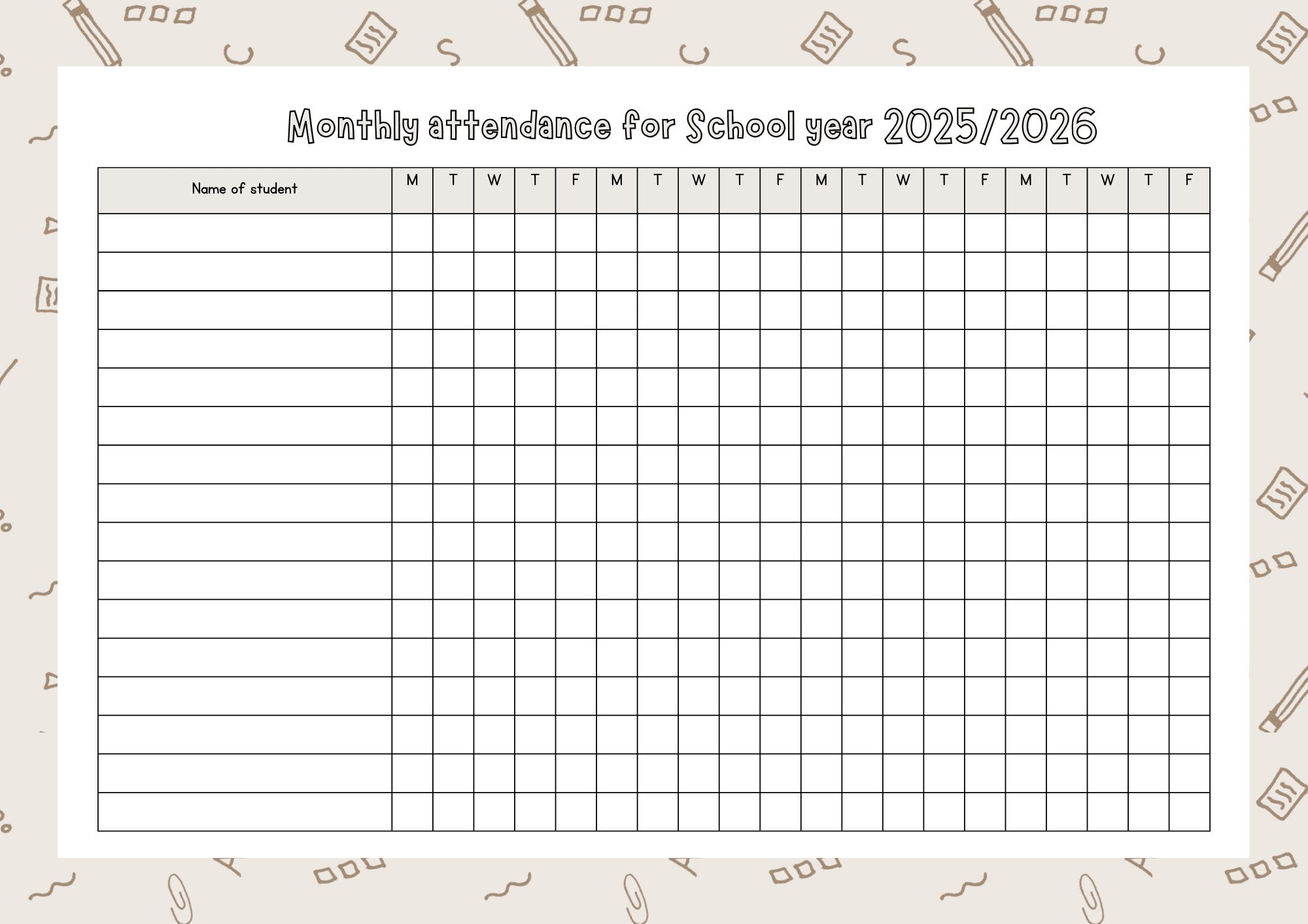 Monthly Attendance List For School Year 2025/2026 pertaining to 2026 Attendance Sheets