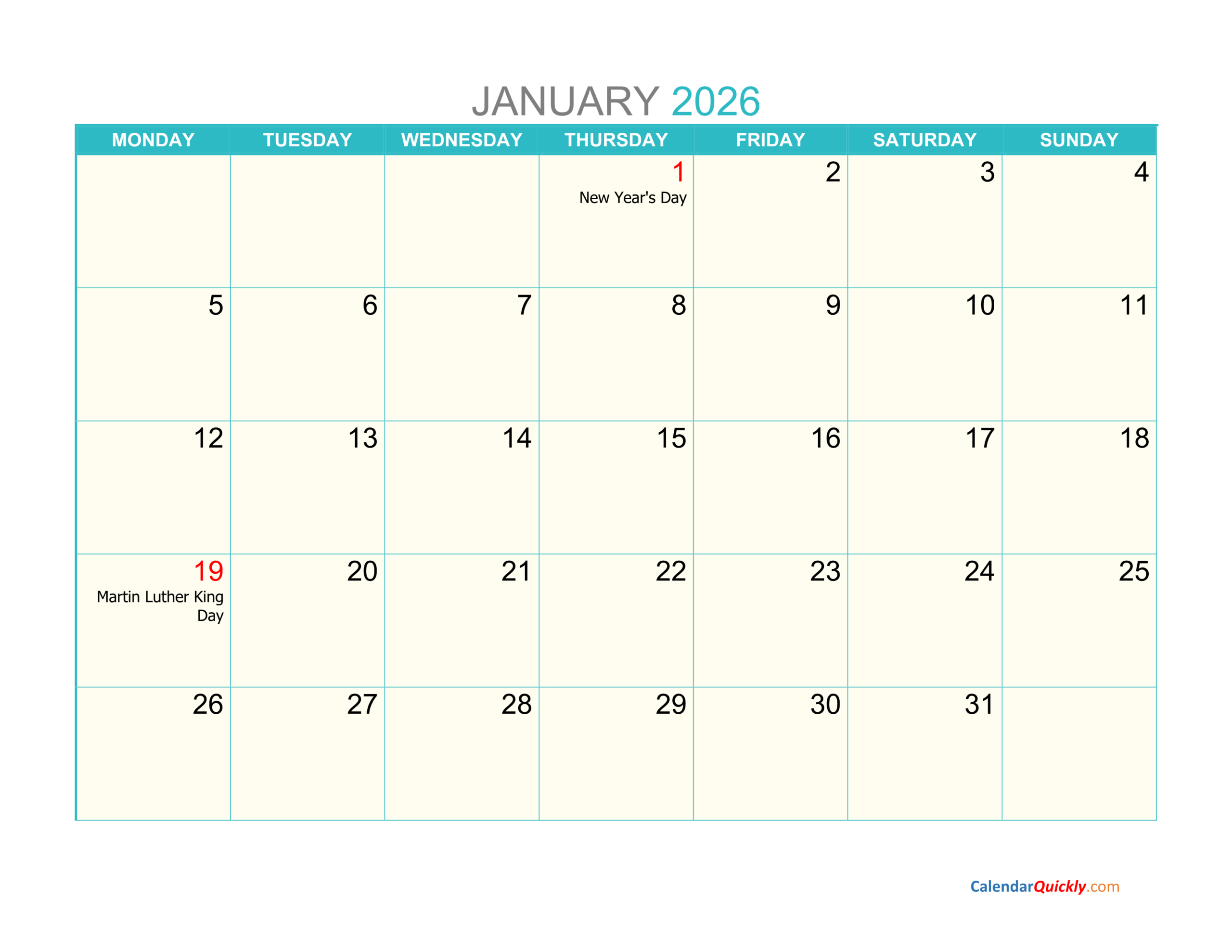 Monthly Monday 2026 Calendar Printable | Calendar Quickly within 2026 Calendar Printable Monday To Sunday