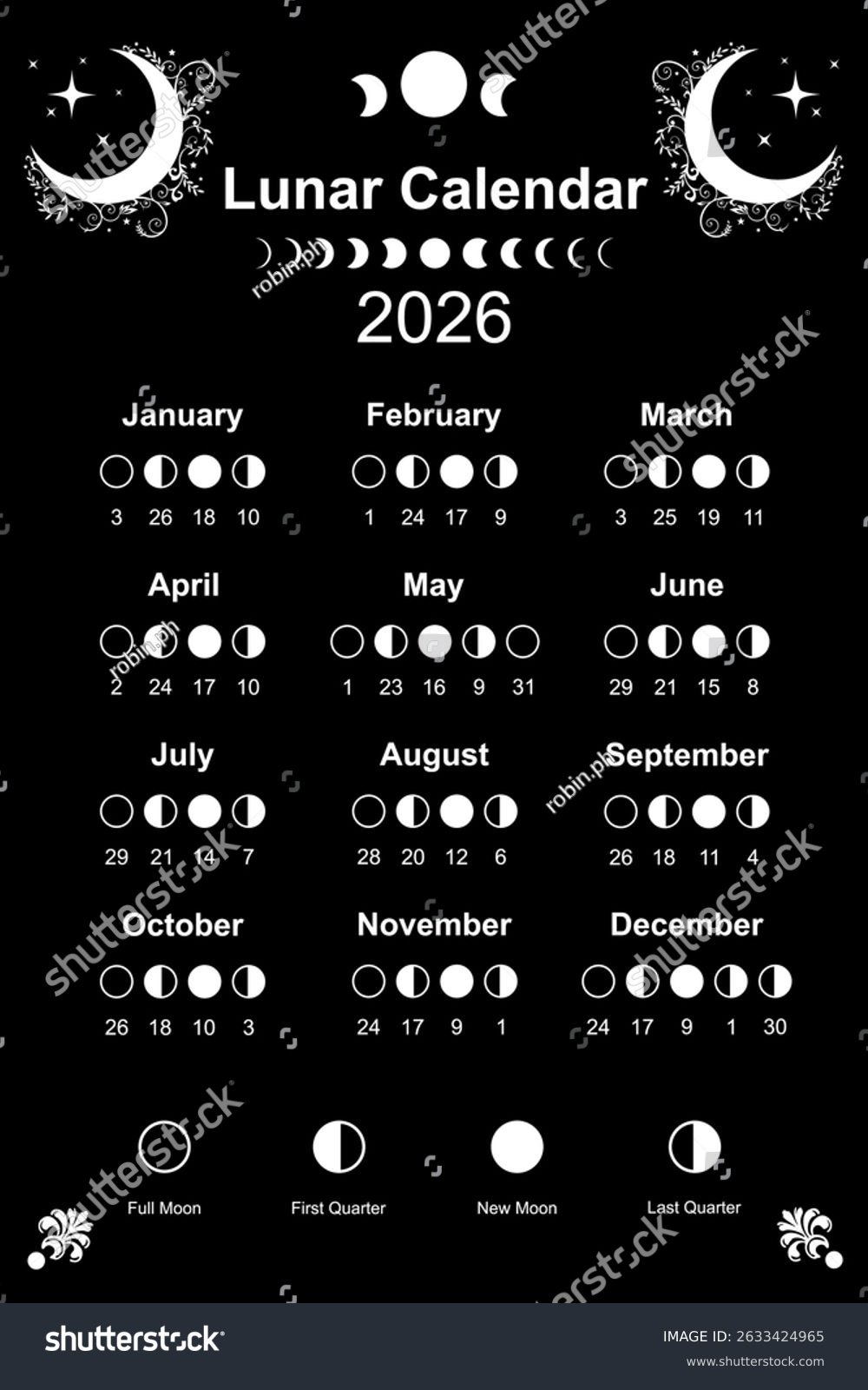 Moon Calendar 2026 Moon Phases Lunar Stock Vector (Royalty Free with regard to Moon Phase Calendar 2026 Printable